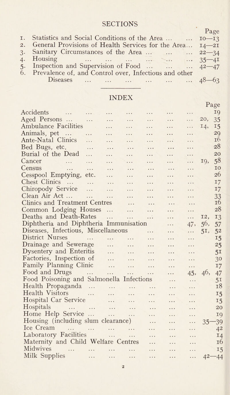 SECTIONS Page 1. Statistics and Social Conditions of the Area ... ... io—13 2. General Provisions of Health Services for the Area... 14—21 3. Sanitary Circumstances of the Area ... 22—34 4. Housing ... 35—41 5. Inspection and Supervision of Food ... ... ... 42—47 6. Prevalence of, and Control over, Infectious and other Diseases ... ... ... ... ... ... 48— -63 INDEX Accidents Page 19 Aged Persons ... . . . ... 20, 35 Ambulance Facilities • * • ... 14, i5 Animals, pet ... • • • 29 Ante-Natal Clinics • • • . . • 16 Bed Bugs, etc. • • • • . . 28 Burial of the Dead ... • • • • • • 20 Cancer • . • ... 19, 58 Census ... ... ... ... ... • • • 10 Cesspool Emptying, etc. . . • . . . 26 Chest Clinics ... • • • . . . i7 Chiropody Service . • . . . . i7 Clean Air Act ... • • • • • • 33 Clinics and Treatment Centres • • • • • • 16 Common Lodging Houses ... • • • • • • 28 Deaths and Death-Rates « • • ... 12, 13 Diphtheria and Diphtheria Immunisation . . . 47. 56. 57 Diseases, Infectious, Miscellaneous • . • ... 51, 52 District Nurses • • • 15 Drainage and Sewerage • • • • • • 25 Dysentery and Enteritis • • • . . • 5i Factories, Inspection of . • . . . • 30 Family Planning Clinic . . . . . • i7 Food and Drugs • • • 45. 46, 47 Food Poisoning and Salmonella Infections • • • . . . 5i Health Propaganda ... • • • . . . 18 Health Visitors • • • • • • 15 Hospital Car Service . • • • • • 15 Hospitals • • . • • • 20 Home Help Service ... • • • . . • 19 Housing (including slum clearance) • . • ••• 35- -39 Ice Cream • • • • • • 42 Laboratory Facilities • • • • • • 14 Maternity and Child Welfare Centres • • • • • • 16 Midwives • • • • • • 15 Milk Supplies ... ... 42- -44