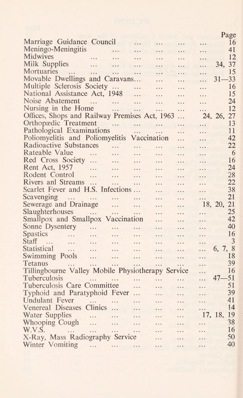 Page Marriage Guidance Council • • • 16 Meningo-Meningitis 41 Midwives 12 Milk Supplies ... 34, 37 Mortuaries 15 Movable Dwellings and Caravans ... 31—33 Multiple Sclerosis Society ... 16 National Assistance Act, 1948 15 Noise Abatement 24 Nursing in the Home 12 Offices, Shops and Railway Premises Act, 1963 24, 26, 27 Orthopaedic Treatment 13 Pathological Examinations 11 Poliomyelitis and Poliomyelitis Vaccination 42 Radioactive Substances 22 Rateable Value 6 Red Cross Society 16 Rent Act, 1957 24 Rodent Control 28 Rivers anl Streams 22 Scarlet Fever and H.S. Infections 38 Scavenging 21 Sewerage and Drainage 18, 20, 21 Slaughterhouses 25 Smallpox and Smallpox Vaccination 42 Sonne Dysentery 40 Spastics 16 Staff WJ' IL.C4.JLJL ••• ••• ••• ••• ••• ••• 3 Statistical ON V* O v# 00 Swimming Pools 18 T etanus 39 Tillingbourne Valley Mobile Physiotherapy Service 16 Tuberculosis ... 47—51 Tuberculosis Care Committee 51 Typhoid and Paratyphoid Fever 39 Undulant Fever 41 Venereal Diseases Clinics 14 Water Supplies 17, 18, 19 Whooping Cough 38 W.V.S. 16 X-Ray, Mass Radiography Service 50 Winter Vomiting • . . 40