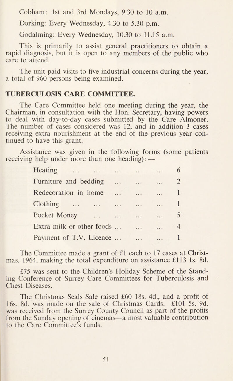 Cobham: 1st and 3rd Mondays, 9.30 to 10 a.m. Dorking: Every Wednesday, 4.30 to 5.30 p.m. Godaiming: Every Wednesday, 10.30 to 11.15 a.m. This is primarily to assist general practitioners to obtain a rapid diagnosis, but it is open to any members of the public who care to attend. The unit paid visits to five industrial concerns during the year, a total of 960 persons being examined. TUBERCULOSIS CARE COMMITTEE. The Care Committee held one meeting during the year, the Chairman, in consultation with the Eton. Secretary, having powers to deal with day-to-day cases submitted by the Care Almoner. The number of cases considered was 12, and in addition 3 cases receiving extra nourishment at the end of the previous year con- tinued to have this grant. Assistance was given in the following forms (some patients ieceiving help under more than one heading): — Heating 6 Furniture and bedding ... ... ... 2 Redecoration in home 1 Clothing ... ... ... ... ... 1 Pocket Money 5 Extra milk or other foods 4 Payment of T.V. Licence 1 The Committee made a grant of £1 each to 17 cases at Christ- mas, 1964, making the total expenditure on assistance £113 Is. 8d. £75 was sent to the Children’s Holiday Scheme of the Stand- ing Conference of Surrey Care Committees for Tuberculosis and Chest Diseases. The Christmas Seals Sale raised £60 18s. 4d., and a profit of 16s. 8d. was made on the sale of Christmas Cards. £101 5s. 9d. was received from the Surrey County Council as part of the profits from the Sunday opening of cinemas—a most valuable contribution to the Care Committee’s funds.
