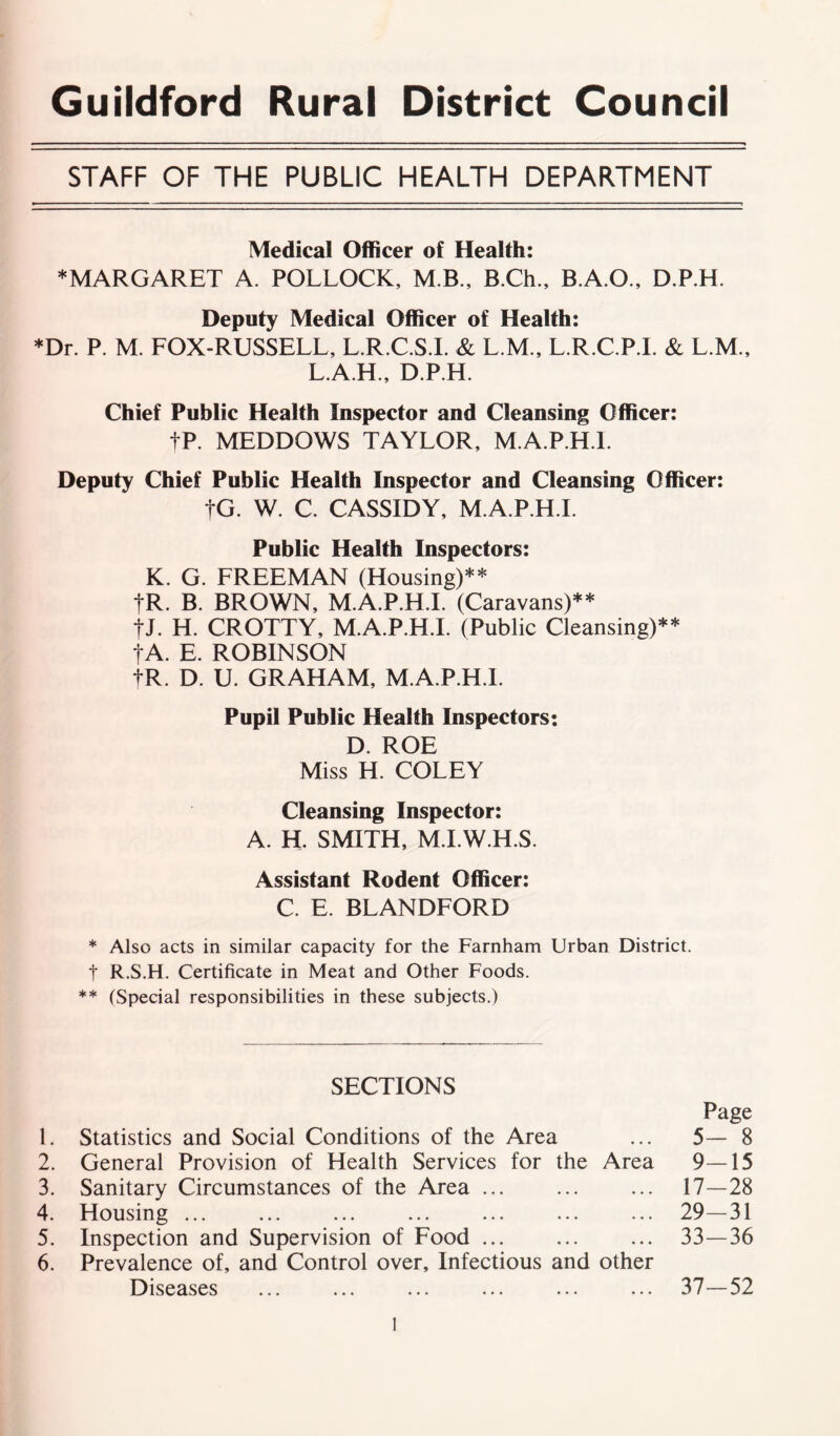 STAFF OF THE PUBLIC HEALTH DEPARTMENT Medical Officer of Health: * MARGARET A. POLLOCK, MB., B.Ch., B.A.O., D.P.H. Deputy Medical Officer of Health: *Dr. P. M. FOX-RUSSELL, L.R.C.S.L & L.M., L.R.C.P.I. & L.M., L.A.H., D.P.H. Chief Public Health Inspector and Cleansing Officer: fP. MEDDOWS TAYLOR, M.A.P.H.l. Deputy Chief Public Health Inspector and Cleansing Officer: |G. W. C. CASSIDY, M.A.P.H.l. Public Health Inspectors: K. G. FREEMAN (Housing)** tR. B. BROWN, M.A.P.H.l. (Caravans)** tJ. H. CROTTY, M.A.P.H.l. (Public Cleansing)** 1‘A. E. ROBINSON fR. D. U. GRAHAM, M.A.P.H.l. Pupil Public Health Inspectors: D. ROE Miss H. COLEY Cleansing Inspector: A. H. SMITH, M.I.W.H.S. Assistant Rodent Officer: C. E. BLANDFORD * Also acts in similar capacity for the Farnham Urban District, f R.S.H. Certificate in Meat and Other Foods. ** (Special responsibilities in these subjects.) SECTIONS 1. Statistics and Social Conditions of the Area 2. General Provision of Health Services for the Area 3. Sanitary Circumstances of the Area ... 4. Housing ... 5. Inspection and Supervision of Food ... 6. Prevalence of, and Control over. Infectious and other Diseases Page 5- 8 9-15 17-28 29-31 33-36 37-52