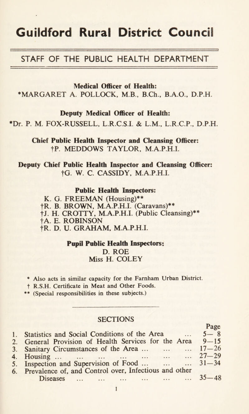 Guildford Rural District Council STAFF OF THE PUBLIC HEALTH DEPARTMENT Medical Officer of Health: * MARGARET A. POLLOCK, M.B., B.Ch., B.A.O., D.P.H. Deputy Medical Officer of Health: *Dr. P. M. FOX-RUSSELL, L.R.C.S.I. & L.M., L.R.C.P., D.P.H. Chief Public Health Inspector and Cleansing Officer: tP. MEDDOWS TAYLOR, M.A.P.H.L Deputy Chief Public Health Inspector and Cleansing Officer: |G. W. C. CASSIDY, M.A.P.H.L Public Health Inspectors: K. G. FREEMAN (Housing)** tR. B. BROWN, M.A.P.H.L (Caravans)** fJ. H. CROTTY, M.A.P.H.L (Public Cleansing)** f A. E. ROBINSON fR. D. U. GRAHAM, M.A.P.H.L Pupil Public Health Inspectors: D. ROE Miss H. COLEY * Also acts in similar capacity for the Farnham Urban District, t R.S.H. Certificate in Meat and Other Foods. ** (Special responsibilities in these subjects.) SECTIONS Page 1. Statistics and Social Conditions of the Area ... 5—8 2. General Provision of Health Services for the Area 9—15 3. Sanitary Circumstances of the Area ... ... ... 17— 26 4. Housing ... ... ... ... ... ... ... 27—29 5. Inspection and Supervision of Food 31—34 6. Prevalence of, and Control over. Infectious and other Diseases ... ... ... ... ... ... 35 48