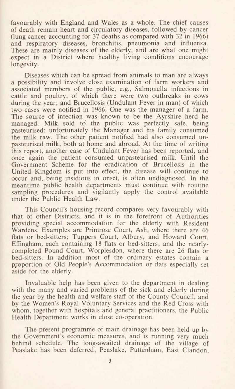 favourably with England and Wales as a whole. The chief causes of death remain heart and circulatory diseases, followed by cancer (lung cancer accounting for 37 deaths as compared with 32 in 1966) and respiratory diseases, bronchitis, pneumonia and influenza. These are mainly diseases of the elderly, and are what one might expect in a District where healthy living conditions encourage longevity. Diseases which can be spread from animals to man are always a possibility and involve close examination of farm workers and associated members of the public, e.g.. Salmonella infections in cattle and poultry, of which there were two outbreaks in cows during the year; and Brucellosis (Undulant Fever in man) of which two cases were notified in 1966. One was the manager of a farm. The source of infection was known to be the Ayrshire herd he managed. Milk sold to the public was perfectly safe, being pasteurised; unfortunately the Manager and his family consumed the milk raw. The other patient notified had also consumed un- pasteurised milk, both at home and abroad. At the time of writing this report, another case of Undulant Fever has been reported, and once again the patient consumed unpasteurised milk. Until the Government Scheme for the eradication of Brucellosis in the United Kingdom is put into effect, the disease will continue to occur and, being insidious in onset, is often undiagnosed. In the meantime public health departments must continue with routine sampling procedures and vigilantly apply the control available under the Public Health Law. This Council’s housing record compares very favourably with that of other Districts, and it is in the forefront of Authorities providing special accommodation for the elderly with Resident Wardens. Examples are Primrose Court, Ash, where there are 46 flats or bed-sitters; Tuppers Court, Albury, and Howard Court, Effingham, each containing 18 flats or bed-sitters; and the nearly- completed Pound Court, Worplesdon, where there are 26 flats or bed-sitters. In addition most of the ordinary estates contain a pjoportion of Old People’s Accommodation or flats especially set aside for the elderly. Invaluable help has been given to the department in dealing with the many and varied problems of the sick and elderly during the year by the health and welfare staff of the County Council, and by the Women’s Royal Voluntary Services and the Red Cross with whom, together with hospitals and general practitioners, the Public Health Department works in close co-operation. The present programme of main drainage has been held up by the Government’s economic measures, and is running very much behind schedule. The long-awaited drainage of the village of Peaslake has been deferred; Peaslake, Puttenham, East Clandon,