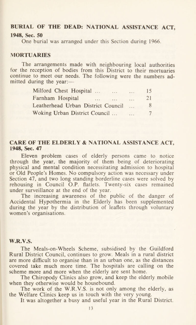 BURIAL OF THE DEAD: NATIONAL ASSISTANCE ACT, 1948, Sec. 50 One burial was arranged under this Section during 1966. MORTUARIES The arrangements made with neighbouring local authorities for the reception of bodies from this District to their mortuaries continue to meet our needs. The following were the numbers ad- mitted during the year:— Milford Chest Hospital ... 15 Farnham Hospital 21 Leatherhead Urban District Council ... 8 Woking Urban District Council ... ... 7 CARE OF THE ELDERLY & NATIONAL ASSISTANCE ACT, 1948, Sec. 47 Eleven problem cases of elderly persons came to notice through the year, the majority of them being of deteriorating physical and mental condition necessitating admission to hospital or Old People’s Homes. No compulsory action was necessary under Section 47, and two long standing borderline cases were solved by rehousing in Council O.P. flatlets. Twenty-six cases remained under surveillance at the end of the year. The increasing awareness of the public of the danger of Accidental Hypothermia in the Elderly has been supplemented during the year by the distribution of leaflets through voluntary women’s organisations. W.R.V.S. The Meals-on-Wheels Scheme, subsidised by the Guildford Rural District Council, continues to grow. Meals in a rural district are more difficult to organise than in an urban one, as the distances covered take much more time. The hospitals are calling on the scheme more and more when the elderly are sent home. The Chiropody Clinics also grow, and keep the elderly mobile when they otherwise would be housebound. The work of the W.R.V.S. is not only among the elderly, as the Welfare Clinics keep us in touch with the very young. It was altogether a busy and useful year in the Rural District.
