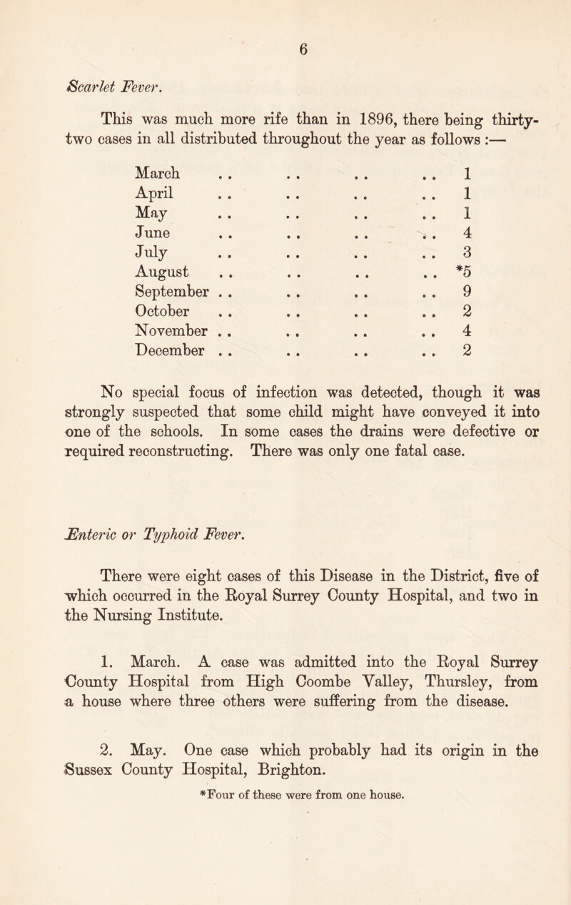 Scarlet Fever. This was much more rife than in 1896, there being thirty- two cases in all distributed throughout the year as follows :— March April May June July August September October November December 1 1 1 4 3 *5 9 2 4 2 No special focus of infection was detected, though it was strongly suspected that some child might have conveyed it into one of the schools. In some cases the drains were defective or required reconstructing. There was only one fatal case. Enteric or Typhoid Fever. There were eight cases of this Disease in the District, five of which occurred in the Royal Surrey County Hospital, and two in the Nursing Institute. 1. March. A case was admitted into the Royal Surrey County Hospital from High Coombe Valley, Thursley, from n house where three others were suffering from the disease. 2. May. One case which probably had its origin in the Sussex County Hospital, Brighton. *Four of these were from one house.