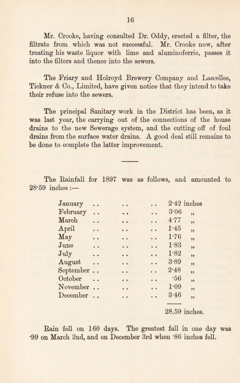 Mr. Crooke, having consulted Dr. Oddy, erected a filter, the filtrate from which was not successful. Mr. Crooke now, after treating his waste liquor with lime and aluminoferric, passes it into the filters and thence into the sewers. The Friary and Holroyd Brewery Company and Lascelles, Tickner & Co., Limited, have given notice that they intend to take their refuse into the sewers. The principal Sanitary work in the District has been, as it was last year, the carrying out of the connections of the house drains to the new Sewerage system, and the cutting off of foul drains from the surface water drains. A good deal still remains to be done to complete the latter improvement. The Bainfall for 1897 was as follows, and amounted to 28*59 inches :— January . . 2*42 inches February . . 3*06 >> March . . 4*77 April .. 1*45 May . . 1*76 >> J une . . 1*83 >> July . . 1*82 August . . 3*89 >> September . . . . 2*48 October *56 >> November . . . . 1*09 December . . . . 3*46 if 28.59 inches. Bain fell on 160 days. The greatest fall in one day was *99 on March 2nd, and on December 3rd when *86 inches fell.