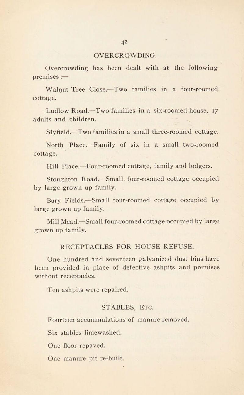 OVERCROWDING. Overcrowding has been dealt with at the following premises :— Walnut Tree Close,’—Two families in a four-roomed cottage. - Ludlow Road,—Two families in a six-roomed house, 17 adults and children. Slyfield.—Two families in a small three-roomed cottage, « North Place.—Family of six in a small two-roomed cottage. Hill Place.—Four-roomed cottage, family and lodgers, Stoughton Road.—Small four-roomed cottage occupied by large grown up family. Bury Fields.—Small four-roomed cottage occupied by large grown up family. Mill Mead.—Small four-roomed cottage occupied by large grown up family. RECEPTACLES FOR HOUSE REFUSE. One hundred and seventeen galvanized dust bins have been provided in place of defective ashpits and premises without receptacles. Ten ashpits were repaired, STABLES, ETC. Fourteen accummulations of manure removed. Six stables limewashed. One floor repaved. One manure pit re-built.