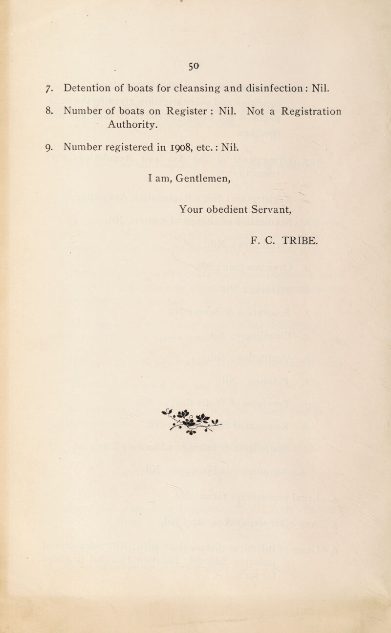 7- Detention of boats for cleansing and disinfection: Nil. 8. Number of boats on Register : Nil. Not a Registration Authority. 9. Number registered in 1908, etc.: Nil. I am, Gentlemen, Your obedient Servant,