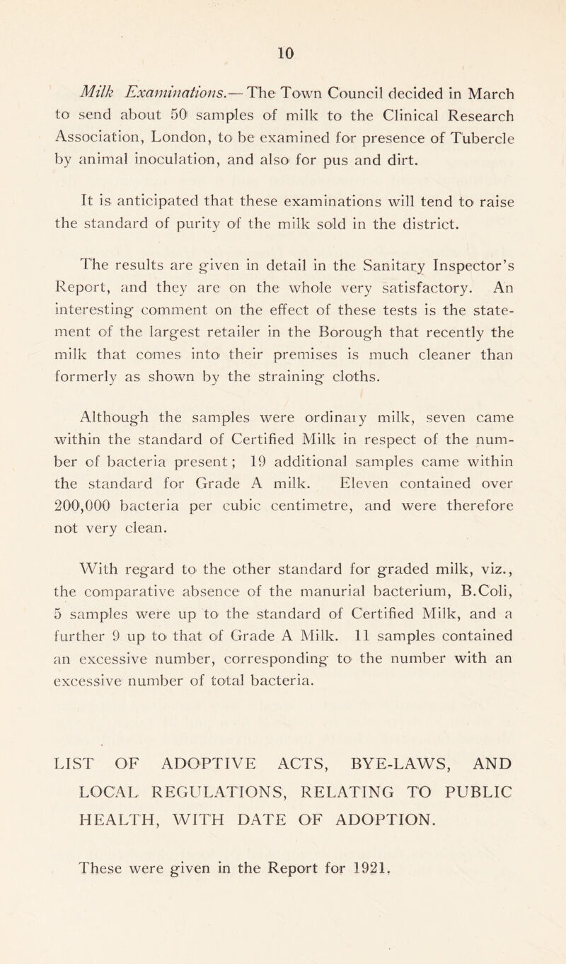 Milk Examinations.— The Town Council decided in March to send about 50 samples of milk to the Clinical Research Association, London, to be examined for presence of Tubercle by animal inoculation, and also* for pus and dirt. It is anticipated that these examinations will tend to raise the standard of purity of the milk sold in the district. The results are given in detail in the Sanitary Inspector’s Report, and they are on the whole very satisfactory. An interesting comment on the effect of these tests is the state- ment of the largest retailer in the Borough that recently the milk that comes into their premises is much cleaner than formerly as shown by the straining cloths. Although the samples were ordinary milk, seven came within the standard of Certified Milk in respect of the num- ber of bacteria present; 19 additional samples came within the standard for Grade A milk. Eleven contained over 200,000 bacteria per cubic centimetre, and were therefore not very clean. With regard to the other standard for graded milk, viz., the comparative absence of the manurial bacterium, B.Coli, 5 samples were up to the standard of Certified Milk, and a further 9 up to> that of Grade A Milk. 11 samples contained an excessive number, corresponding to1 the number with an excessive number of total bacteria. LIST OF ADOPTIVE ACTS, BYE-LAWS, AND LOCAL REGULATIONS, RELATING TO PUBLIC HEALTH, WITH DATE OF ADOPTION. These were given in the Report for 1921.