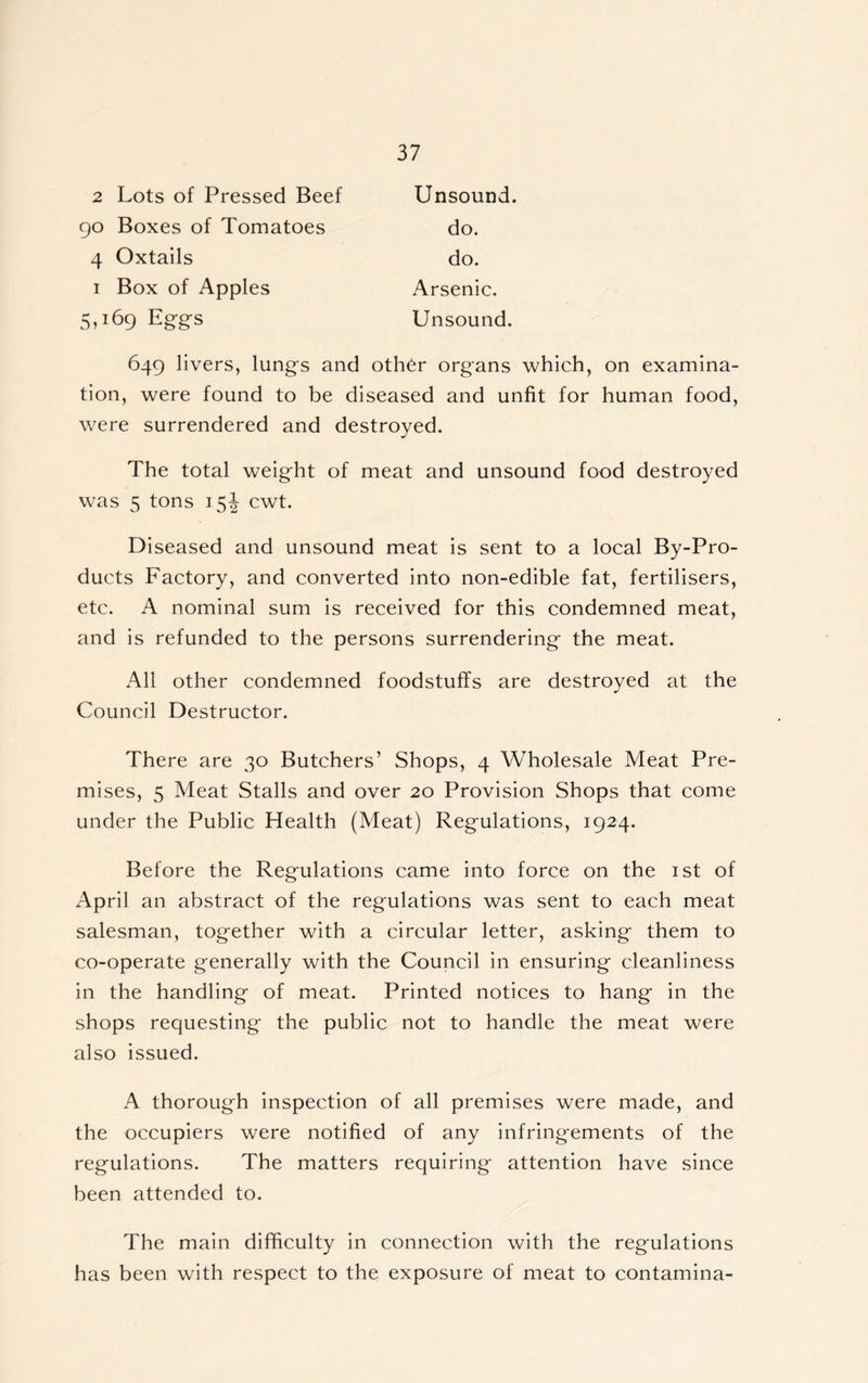 2 Lots of Pressed Beef 90 Boxes of Tomatoes 4 Oxtails 1 Box of Apples 5,169 Eggs Unsound. do. do. Arsenic. Unsound. 649 livers, lungs and other organs which, on examina- tion, were found to be diseased and unfit for human food, were surrendered and destroyed. The total weight of meat and unsound food destroyed was 5 tons 15! cwt. Diseased and unsound meat is sent to a local By-Pro- ducts Factory, and converted into non-edible fat, fertilisers, etc. A nominal sum is received for this condemned meat, and is refunded to the persons surrendering the meat. All other condemned foodstuffs are destroyed at the Council Destructor. There are 30 Butchers’ Shops, 4 Wholesale Meat Pre- mises, 5 Meat Stalls and over 20 Provision Shops that come under the Public Health (Meat) Regulations, 1924. Before the Regulations came into force on the 1st of April an abstract of the regulations was sent to each meat salesman, together with a circular letter, asking them to co-operate generally with the Council in ensuring cleanliness in the handling of meat. Printed notices to hang in the shops requesting the public not to handle the meat were also issued. A thorough inspection of all premises were made, and the occupiers were notified of any infringements of the regulations. The matters requiring attention have since been attended to. The main difficulty in connection with the regulations has been with respect to the exposure of meat to contamina-