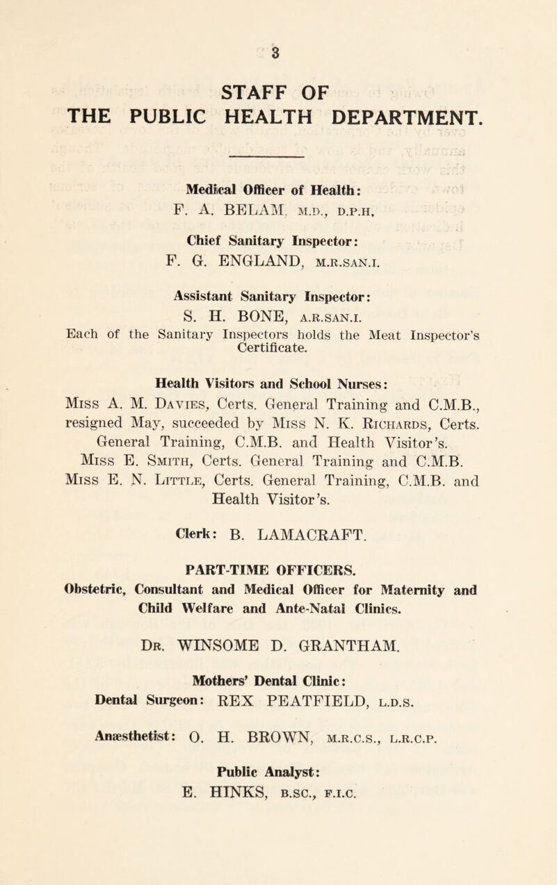 STAFF OF THE PUBLIC HEALTH DEPARTMENT. Mediical Officer of Health: P. A. BELAM, m.d., d.p.h. Chief Sanitary Inspector: F. G. ENGLAND, m.r.san.i. Assistant Sanitary Inspector: S. H. BONE, A.R.SAN.I. Each of the Sanitary Inspectors holds the Meat Inspector’s Certificate. Health Visitors and School Nurses: Miss A. M. Davies, Certs. General Training and C.M.B., resigned May, succeeded by Miss N. K. Richards, Certs. General Training, C.M.B. and Health Visitor’s. Miss E. Smith, Certs. General Training and C.M.B. Miss E. N. Little, Certs. General Training, C.M.B. and Health Visitor’s. Clerk: B. LAMACRAFT. PART-TIME OFFICERS. Obstetric, Consultant and Medical Officer for Maternity and Child Welfare and Ante-Natal Clinics. Dr. WINSOME D. GRANTHAM. Mothers’ Dental Clinic: Dental Surgeon: REX PEATFIELD, l.d.s. Anaesthetist: 0. H. BROWN, m.r.c.s., l.r.c.p. Public Analyst: E. HINKS, b.sc., p.i.c.