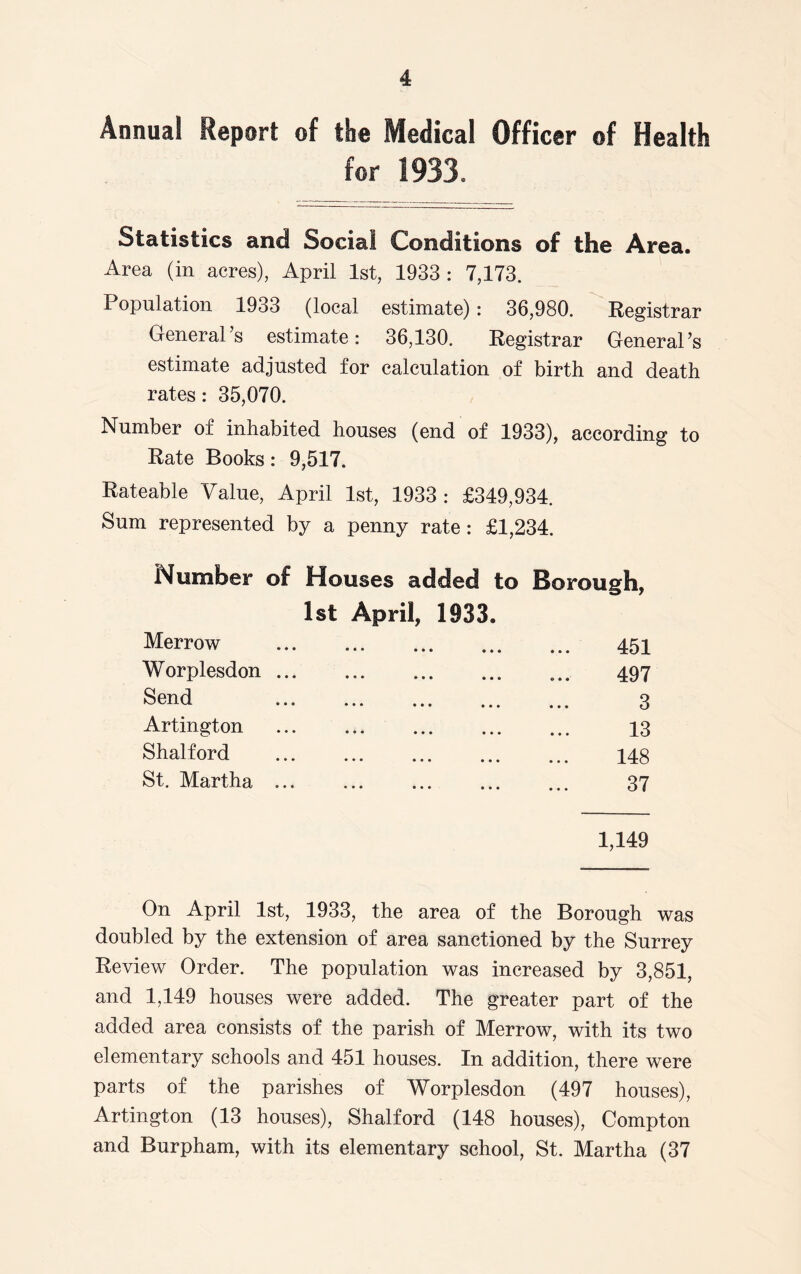 Annua! Report of the Medical Officer ©f Health for 1933, Statistics and Social Conditions of the Area. Area (in acres), April 1st, 1933: 7,173. I o pul at ion 1933 (local estimate): 36,980. Registrar General’s estimate: 36,130. Registrar General’s estimate adjusted for calculation of birth and death rates: 35,070. Number of inhabited houses (end of 1933), according to Rate Books : 9,517. Rateable Value, April 1st, 1933 : £349,934. Sum represented by a penny rate: £1,234. Number of Houses added to Borough, 1st April, 1933. Merrow Worplesdon Send Artington Shalf ord St. Martha ... ... 451 497 3 13 148 37 1,149 On April 1st, 1933, the area of the Borough was doubled by the extension of area sanctioned by the Surrey Review Order. The population was increased by 3,851, and 1,149 houses were added. The greater part of the added area consists of the parish of Merrow, with its two elementary schools and 451 houses. In addition, there were parts of the parishes of Worplesdon (497 houses), Artington (13 houses), Shalf ord (148 houses), Compton and Burpham, with its elementary school, St. Martha (37