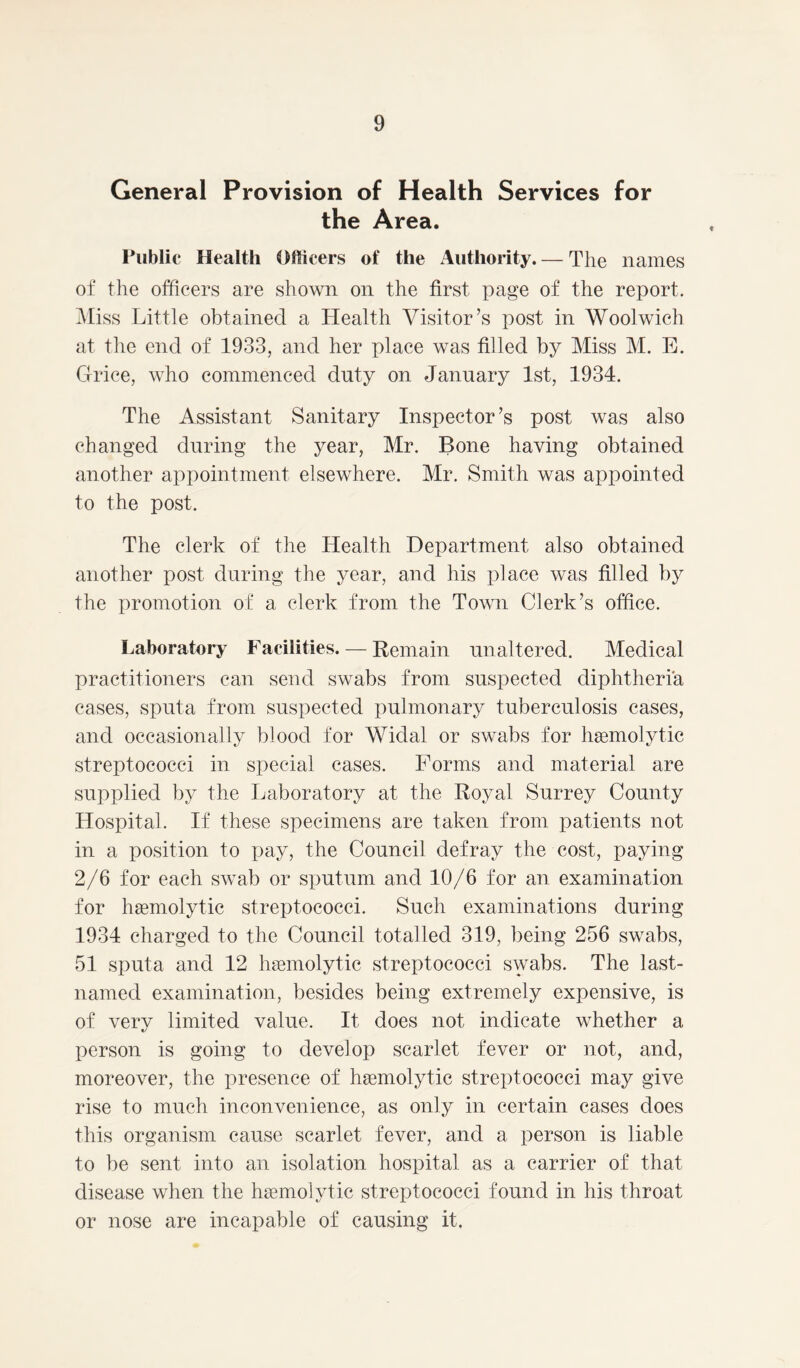 General Provision of Health Services for the Area. Public Health Officers of the Authority. — The names of the officers are shown on the first page of the report. Miss Little obtained a Health Visitor’s post in Woolwich at the end of 1933, and her place was filled by Miss M. E. Grice, who commenced duty on January 1st, 1934. The Assistant Sanitary Inspector’s post was also changed during the year, Mr. Bone having obtained another appointment elsewhere. Mr. Smith was appointed to the post. The clerk of the Health Department also obtained another post during the year, and his place was filled by the promotion of a clerk from the Town Clerk’s office. Laboratory Facilities. — Remain unaltered. Medical practitioners can send swabs from suspected diphtheria cases, sputa from suspected pulmonary tuberculosis cases, and occasionally blood for Widal or swabs for haemolytic streptococci in special cases. Forms and material are supplied by the Laboratory at the Royal Surrey County Hospital. If these specimens are taken from patients not in a position to pay, the Council defray the cost, paying 2/6 for each swab or sputum and 10/6 for an examination for haemolytic streptococci. Such examinations during 1934 charged to the Council totalled 319, being 256 swabs, 51 sputa and 12 haemolytic streptococci swabs. The last- named examination, besides being extremely expensive, is of very limited value. It does not indicate whether a person is going to develop scarlet fever or not, and, moreover, the presence of haemolytic streptococci may give rise to much inconvenience, as only in certain cases does this organism cause scarlet fever, and a person is liable to be sent into an isolation hospital as a carrier of that disease when the haemolytic streptococci found in his throat or nose are incapable of causing it.