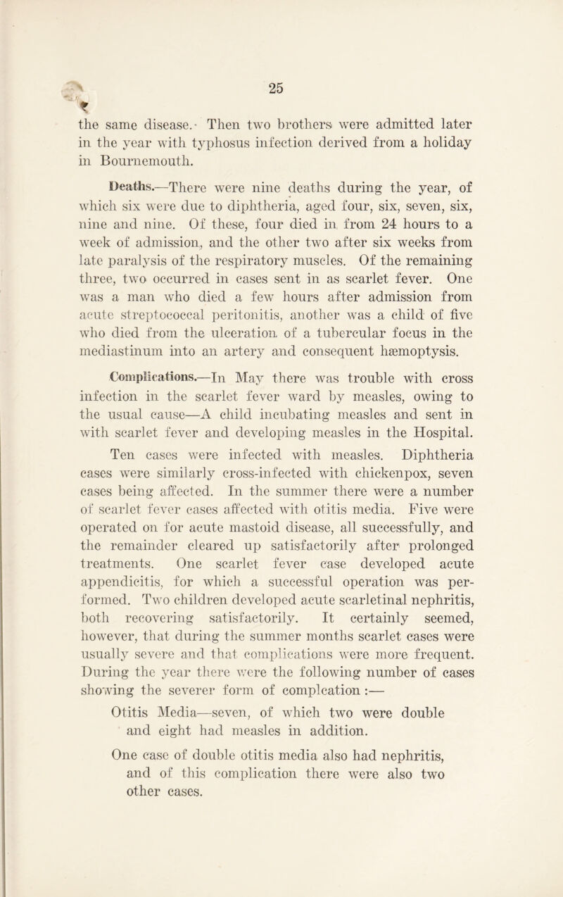 1, % the same disease.- Then two brothers were admitted later in the year with typhosus infection derived from a holiday in Bournemouth. Deaths.—There were nine deaths during the year, of which six were due to dijjhtheria, aged four, six, seven, six, nine and nine. Of these, four died in from 24 hours to a week of admission, and the other two after six weeks from late paralysis of the respiratory muscles. Of the remaining three, two occurred in cases sent in as scarlet fever. One was a man who died a few hours after admission from acute streptococcal peritonitis, another was a child of five who died from the ulceration of a tubercular focus in the mediastinum into an artery and consequent haemoptysis. Complications.—In May there was trouble with cross infection in the scarlet fever ward by measles, owing to the usual cause—A child incubating measles and sent in with scarlet fever and developing measles in the Hospital. Ten cases were infected with measles. Diphtheria cases were similarly cross-infected with chickenpox, seven cases being affected. In the summer there were a number of scarlet fever cases affected with otitis media. Five were operated on for acute mastoid disease, all successfully, and the remainder cleared up satisfactorily after prolonged treatments. One scarlet fever case developed acute appendicitis, for which a successful operation was per- formed. Two children developed acute scarletinal nephritis, both recovering satisfactorily. It certainly seemed, however, that during the summer months scarlet cases were usually severe and that complications were more frequent. During the year there were the following number of cases showing the severer form of complcation :— Otitis Media—seven, of which two were double and eight had measles in addition. One case of double otitis media also had nephritis, and of this complication there were also two other cases.