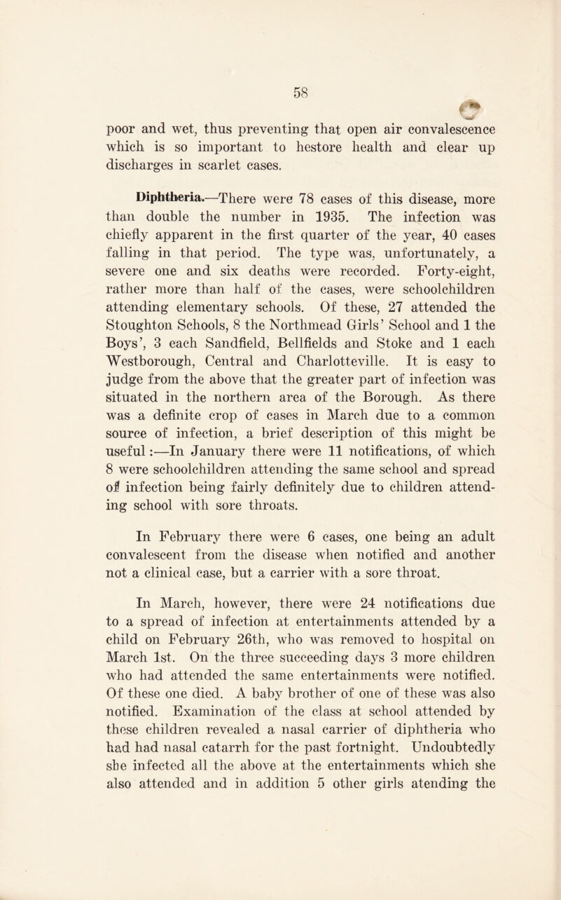 poor and wet, thus preventing that open air convalescence which is so important to hestore health and clear up discharges in scarlet cases. Diphtheria.—There were 78 cases of this disease, more than double the number in 1935. The infection was chiefly apparent in the first quarter of the year, 40 cases falling in that period. The type was, unfortunately, a severe one and six deaths were recorded. Forty-eight, rather more than half of the cases, were schoolchildren attending elementary schools. Of these, 27 attended the Stoughton Schools, 8 the Northmead Girls’ School and 1 the Boys’, 3 each Sandfield, Bellfields and Stoke and 1 each Westborough, Central and Charlotteville. It is easy to judge from the above that the greater part of infection was situated in the northern area of the Borough. As there was a definite crop of cases in March due to a common source of infection, a brief description of this might be useful:—In January there were 11 notifications, of which 8 were schoolchildren attending the same school and spread 0^ infection being fairly definitely due to children attend- ing school with sore throats. In February there were 6 cases, one being an adult convalescent from the disease when notified and another not a clinical case, but a carrier with a sore throat. In March, however, there were 24 notifications due to a spread of infection at entertainments attended by a child on February 26th, who was removed to hospital on March 1st. On the three succeeding days 3 more children who had attended the same entertainments were notified. Of these one died. A baby brother of one of these was also notified. Examination of the class at school attended by these children revealed a nasal carrier of diphtheria who had had nasal catarrh for the past fortnight. Undoubtedly she infected all the above at the entertainments which she also attended and in addition 5 other girls atending the
