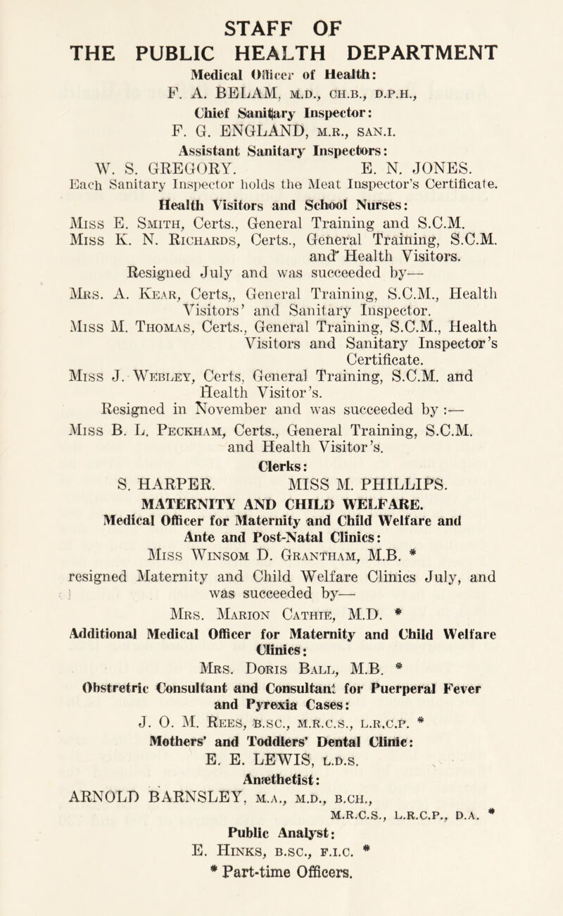 STAFF OF THE PUBLIC HEALTH DEPARTMENT Medical Officer of Health: F. A. BELAM, m.d., ch.b., d.p.h., Chief Sanitary Inspector: F. G. ENGLAND, m.r., san.i. Assistant Sanitary Inspectors: W. S. GREGORY. E. N. JONES. Each Sanitary Inspector holds the Meat Inspector’s Certificate. Health Visitors and School Nurses: Miss E. Smith, Certs., General Training and S.C.M. Miss K. N. Richards, Certs., General Training, S.C.M. and Health Visitors. Resigned July and was succeeded by— Mrs. A. Kear, Certs,, General Training, S.C.M., Health Visitors’ and Sanitary Inspector. Miss M. Thomas, Certs., General Training, S.C.M., Health Visitors and Sanitary Inspector’s Certificate. Miss J. Webley, Certs, General Training, S.C.M. and Health Visitor’s. Resigned in November and was succeeded by :— Miss B. L. Peckham, Certs., General Training, S.C.M. and Health Visitor’s. Clerks: S. HARPER. MISS M. PHILLIPS. MATERNITY AND CHILD WELFARE. Medical Officer for Maternity and Child Welfare and Ante and Post-Natal Clinics: Miss Winsom D. Grantham, M.B. * resigned Maternity and Child Welfare Clinics July, and was succeeded by— Mrs. Marion Cathie, M.D. * Additional Medical Officer for Maternity and Child Welfare Clinics: Mrs. Doris Ball, M.B. # Obstretric Consultant and Consultant for Puerperal Fever and Pyrexia Cases: J. 0. M. Rees, b.sc., m.r.c.s., l.r.c.p. * Mothers’ and Toddlers’ Dental Clinic: E. E. LEWIS, l.d.s. Amethetist: ARNOLD BARNSLEY, m.a., m.d., b.ch., m.r.c.s., l.r.c.p., d.a. * Public Analyst: E. Hinks, b.sc., p.i.c. * * Part-time Officers.