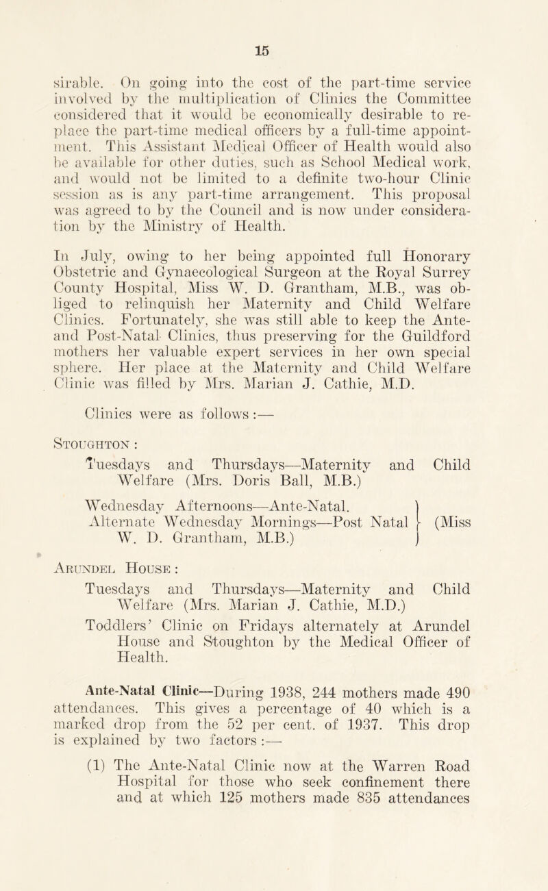 sirable. On going into the cost of the part-time service involved by the multiplication of Clinics the Committee considered that it would be economically desirable to re- place the part-time medical officers by a full-time appoint- ment. This Assistant Medical Officer of Health would also be available for other duties, such as School Medical work, and would not be limited to a definite two-hour Clinic session as is any part-time arrangement. This proposal was agreed to by the Council and is now under considera- tion by the Ministry of Health. In July, owing to her being appointed full Honorary Obstetric and Gynaecological Surgeon at the Royal Surrey County Hospital, Miss W. D. Grantham, M.B., was ob- liged to relinquish her Maternity and Child Welfare Clinics. Fortunately, she was still able to keep the Ante- and Post-Natal Clinics, thus preserving for the Guildford mothers her valuable expert services in her own special sphere. Her place at the Maternity and Child Welfare Clinic was filled by Mrs. Marian J. Cathie, M.D. Clinics were as follows:— Stoughton : Tuesdays and Thursdays—Maternity and Child Welfare (Mrs. Doris Ball, M.B.) Wednesday Afternoons—Ante-Natal. j Alternate Wednesday Mornings—Post Natal \ (Miss W. D. Grantham, M.B.) J Arundel House : Tuesdays and Thursdays—Maternity and Child Welfare (Mrs. Marian J. Cathie, M.D.) Toddlers’ Clinic on Fridays alternately at Arundel House and Stoughton by the Medical Officer of Health. Ante-Natal Clinic—During 1938, 244 mothers made 490 attendances. This gives a percentage of 40 which is a marked drop from the 52 per cent, of 1937. This drop is explained by two factors (1) The Ante-Natal Clinic now at the Warren Road Hospital for those who seek confinement there and at which 125 mothers made 835 attendances