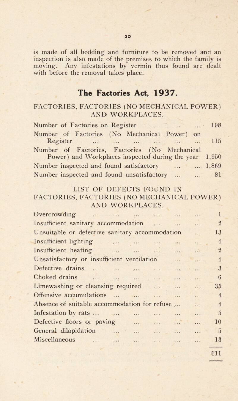 is made of all bedding and furniture to be removed and an inspection is also made of the premises to which the family is moving. Any infestations by vermin thus found are dealt with before the removal takes place. The Factories Act, 1937. FACTORIES, FACTORIES (NO MECHANICAL POWER) AND WORKPLACES. Number of Factories on Register ... ... ... 198 Number of Factories (No Mechanical Power) on Register ... ... ... ... ... ... 115 Number of Factories, Factories (No Mechanical Power) and Workplaces inspected during the year 1,950 Number inspected and found satisfactory ... ..., 1,869 Number inspected and found unsatisfactory ... ... 81 LIST OF DEFECTS FOUND IN FACTORIES, FACTORIES (NO MECHANICAL POWER) AND WORKPLACES. Overcrowding ... ... ... ... ... ... 1 Insufficient sanitary accommodation .... ... ... 2 Unsuitable or defective sanitary accommodation ... 13 Insufficient lighting .... ... ... ... ... 4 Insufficient heating ... ... ... ... ... 2 Unsatisfactory or insufficient ventilation ... ... 4 Defective drains ... ... .... ... .., ... 3 Choked drains ... ... ... ... ... ... 6 Limewashing or cleansing required ... ... ... 35 Offensive accumulations ... ... ... ... ... 4 Absence of suitable accommodation for refuse .... ... 4 Infestation by rats ... ... ... ... ... ... 5 Defective floors or paving ... ... ... ... 10 General dilapidation ... ... ... ... ... 5 Miscellaneous ... ... ... ... ... ... 13 ill!