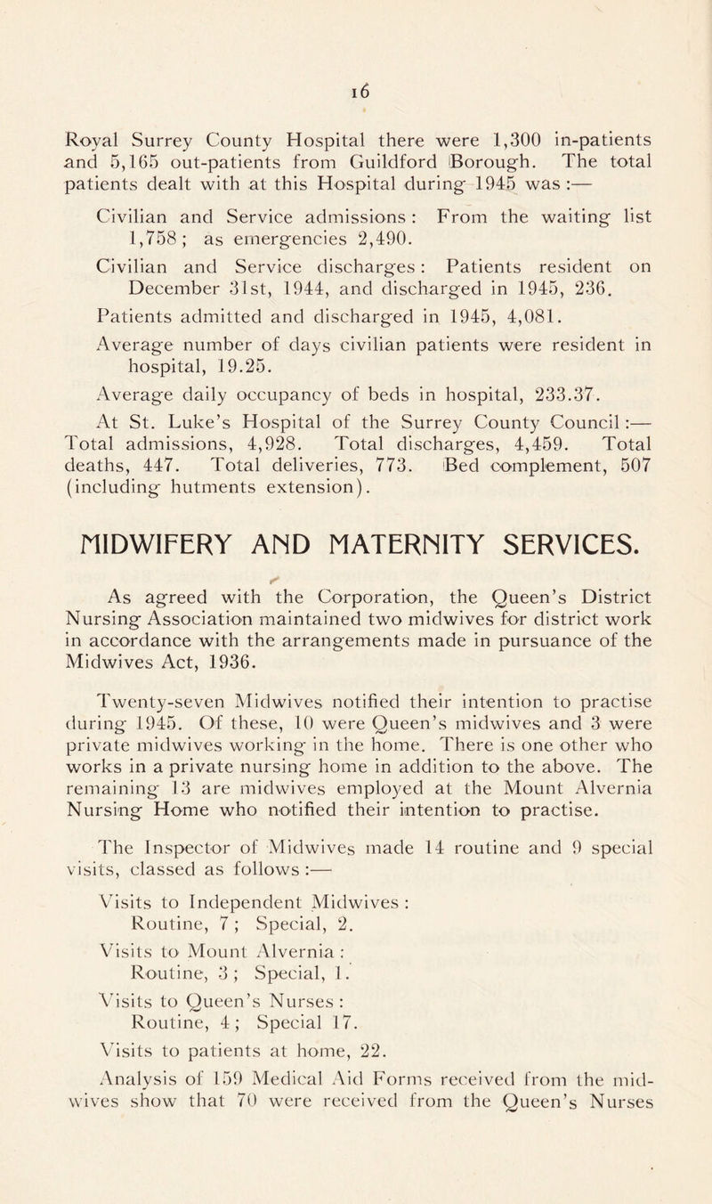 Royal Surrey County Hospital there were 1,300 in-patients and 5,165 out-patients from Guildford Borough. The total patients dealt with at this Hospital during- 1945 was:— Civilian and Service admissions : From the waiting list 1,758; as emergencies 2,490. Civilian and Service discharges: Patients resident on December 31st, 1944, and discharged in 1945, 236. Patients admitted and discharged in 1945, 4,081. Average number of days civilian patients were resident in hospital, 19.25. Average daily occupancy of beds in hospital, 233.37. At St. Luke’s Hospital of the Surrey County Council:— Total admissions, 4,928. Total discharges, 4,459. Total deaths, 447. Total deliveries, 773. 'Bed complement, 507 (including hutments extension). MIDWIFERY AMD MATERNITY SERVICES. As agreed with the Corporation, the Queen’s District Nursing Association maintained two midwives for district work in accordance with the arrangements made in pursuance of the Midwives Act, 1936. Twenty-seven Midwives notified their intention to practise during 1945. Of these, 10 were Queen’s midwives and 3 were private midwives working in the home. There is one other who works in a private nursing home in addition to the above. The remaining 13 are midwives employed at the Mount Alvernia Nursing Home who notified their intention to practise. The Inspector of Midwives made 14 routine and 9 special visits, classed as follows :— Visits to Independent Midwives : Routine, 7 ; Special, 2. Visits to Mount Alvernia : Routine, 3; Special, 1. Visits to Queen’s Nurses : Routine, 4; Special 17. Visits to patients at home, 22. Analysis of 159 Medical Aid Forms received from the mid- wives show that 70 were received from the Queen’s Nurses