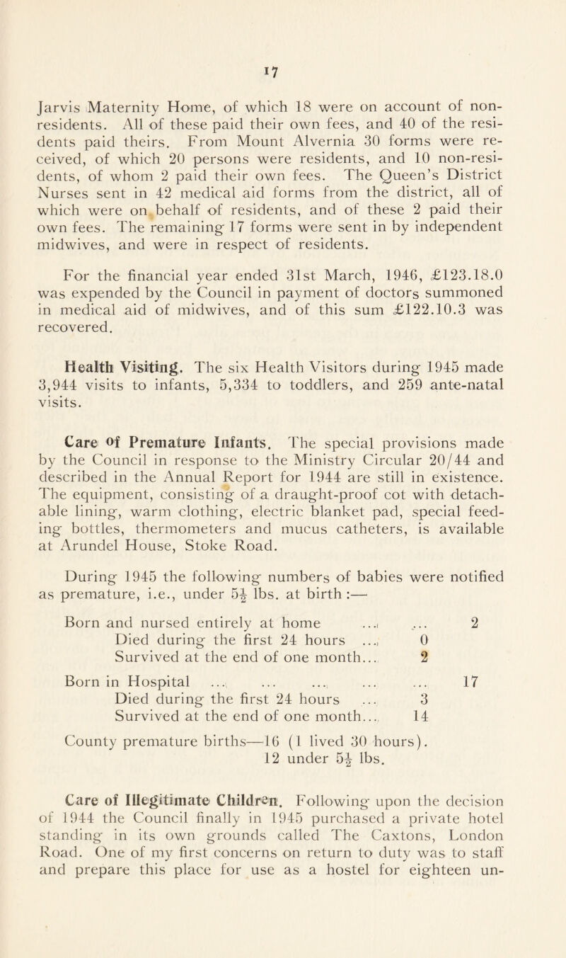*7 Jarvis Maternity Home, of which 18 were on account of non- residents. All of these paid their own fees, and 40 of the resi- dents paid theirs. From Mount Alvernia 30 forms were re- ceived, of which 20 persons were residents, and 10 non-resi- dents, of whom 2 paid their own fees. The Queen’s District Nurses sent in 42 medical aid forms from the district, all of which were on behalf of residents, and of these 2 paid their own fees. The remaining 17 forms were sent in by independent midwives, and were in respect of residents. For the financial year ended 31st March, 1946, £123.18.0 was expended by the Council in payment of doctors summoned in medical aid of midwives, and of this sum £122.10.3 was recovered. Health Visiting. The six Health Visitors during 1945 made 3,944 visits to infants, 5,334 to toddlers, and 259 ante-natal visits. Care of Premature Infants. The special provisions made by the Council in response to the Ministry Circular 20/44 and described in the Annual Report for 1944 are still in existence. The equipment, consisting of a draught-proof cot with detach- able lining, warm clothing, electric blanket pad, special feed- ing bottles, thermometers and mucus catheters, is available at Arundel House, Stoke Road. During 1945 the following numbers of babies were notified as premature, i.e., under 5J lbs. at birth :— Born and nursed entirely at home ...( ... 2 Died during the first 24 hours ...; 0 Survived at the end of one month... 2 Born in Hospital ... ... .... ... ... 17 Died during the first 24 hours ... 3 Survived at the end of one month..., 14 County premature births—46 (1 lived 30 hours). 12 under 5J lbs. Care of Illegitimate Children. Following upon the decision of 1944 the Council finally in 1945 purchased a private hotel standing in its own grounds called The Caxtons, London Road. One of my first concerns on return to duty was to staff and prepare this place for use as a hostel for eighteen un-