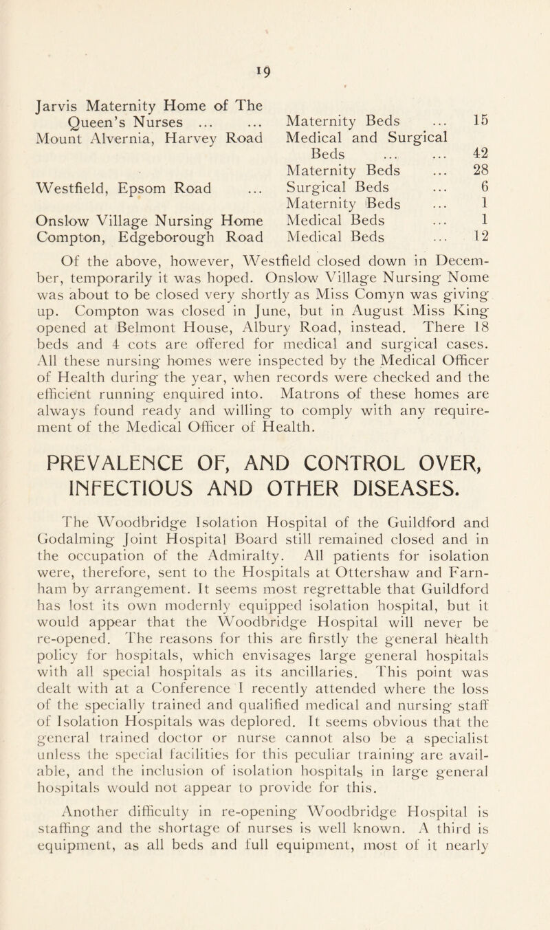 Jarvis Maternity Home of The Queen’s Nurses ... ... Maternity Beds ... 15 Mount Alvernia, Harvey Road Medical and Surgical Beds 42 Maternity Beds ... 28 Westfield, Epsom Road ... Surgical Beds ... 6 Maternity Beds ••• 1 Onslow Village Nursing Home Medical Beds ... 1 Compton, Edgeborough Road Medical Beds ... 12 Of the above, however, Westfield closed down in Decem- ber, temporarily it was hoped. Onslow Village Nursing Nome was about to be closed very shortly as Miss Comyn was giving' up. Compton was closed in June, but in August Miss King' opened at Belmont House, Albury Road, instead. There 18 beds and 4 cots are offered for medical and surgical cases. All these nursing homes were inspected by the Medical Officer of Health during' the year, when records were checked and the efficient running enquired into. Matrons of these homes are always found ready and willing' to comply with any require- ment of the Medical Officer of Health. PREVALENCE OF, AND CONTROL OVER, INFECTIOUS AND OTHER DISEASES. The Woodbridge Isolation Hospital of the Guildford and Godaiming Joint Hospital Board still remained closed and in the occupation of the Admiralty. All patients for isolation were, therefore, sent to the Hospitals at Ottershaw and Farn- ham by arrangement. It seems most regrettable that Guildford has lost its own modernly equipped isolation hospital, but it would appear that the Woodbridge Hospital will never be re-opened. The reasons for this are firstly the general health policy for hospitals, which envisages large general hospitals with all special hospitals as its ancillaries. This point was dealt with at a Conference I recently attended where the loss of the specially trained and qualified medical and nursing staff of Isolation Hospitals was deplored. It seems obvious that the general trained doctor or nurse cannot also be a specialist unless the special facilities for this peculiar training are avail- able, and the inclusion of isolation hospitals in large general hospitals would not appear to provide for this. Another difficulty in re-opening Woodbridge Hospital is staffing and the shortage of nurses is well known. A third is equipment, as all beds and full equipment, most of it nearly