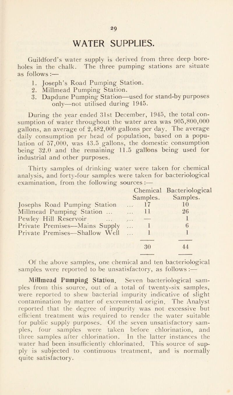 WATER SUPPLIES. Guildford’s water supply is derived from three deep bore- holes in the chalk. The three pumping stations are situate as follows :— 1. Joseph’s Road Pumping Station. 2. Millmead Pumping Station. 3. Dapdune Pumping Station—used for stand-by purposes only—not utilised during 1945. During the year ended 31st December, 1945, the total con- sumption of water throughout the water area was 905,800,000 gallons, an average of 2,482,000 gallons per day. 1 he average daily consumption per head of population, based on a popu- lation of 57,000, was 43.5 gallons, the domestic consumption being 32.0 and the remaining 11.5 gallons being used for industrial and other purposes. Thirty samples of drinking water were taken for chemical analysis, and forty-four samples were taken for bacteriological examination, from the following sources :— Josephs Road Pumping Station Chemical Samples. ... 17 Bacteriological Samples. 10 Millmead Pumping Station ... 11 26 Pewley Hill Reservoir — 1 Private Premises—Mains Supply 1 6 Private Premises—Shallow Well 1 1 30 44 Of the above samples, one chemical and ten bacteriological samples were reported to be unsatisfactory, as follows :— Millmead Pumping Station. Seven bacteriological sam- ples from this source, out of a total of twenty-six samples, were reported to shew bacterial impurity indicative of slight contamination by matter of excremental origin. The Analyst reported that the degree of impurity was not excessive but efficient treatment was required to render the water suitable for public supply purposes. Of the seven unsatisfactory sam- ples, four samples were taken before chlorination, and three samples after chlorination. In the latter instances the water had been insufficiently chlorinated. This source of sup- ply is subjected to continuous treatment, and is normally quite satisfactory.