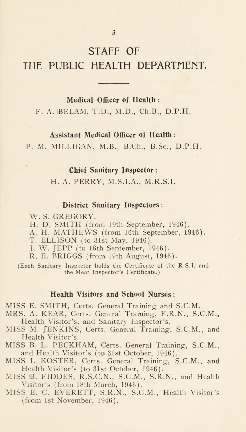 STAFF OF THE PUBLIC HEALTH DEPARTMENT. Medical Officer of Health : F. A. IBELAM, T.D., M.D., Ch.B., D.P.H. Assistant Medical Officer of Health: P. M. MILLIGAN, M.B., B.Ch., B.Sc., D.P.H. Chief Sanitary Inspector: H. A. PERRY, M.S.I.A., M.R.S.I. District Sanitary Inspectors: W. S. GREGORY. H. D. SMITH (from 19th September, 1946). A. H. MATHEWS (from 16th September, 1946). T. ELLISON (to 31st May, 1946). J. W. JEPP (to 16th September, 1946). R. E. BRIGGS (from 19th August, 1946). (Each Sanitary Inspector holds the Certificate of the R.S.I. and the Meat Inspector’s Certificate.) Health Visitors and School Nurses: MISS E. SMITH, Certs. General Training- and S.C.M. MRS. A. KEAR, Certs. General Training, F.R.N., S.C.M., Health Visitor’s, and Sanitarv Inspector’s. MISS M. JENKINS, Certs. General Training, S.C.M., and Health Visitor’s. MISS B. L. PECKHAM, Certs. General Training, S.C.M., and Health Visitor’s (to 31st October, 1946). MISS I. KOSTER, Certs. General Training, S.C.M., and Health Visitor’s (to 31st October, 1946). MISS IB. FIDDES, R.S.C.N., S.C.M., S.R.N., and Health Visitor’s (from 18th March, 1946). MISS E. C. EVERETT, S.R.N., S.C.M., Health Visitor’s (from 1st November, 1946).