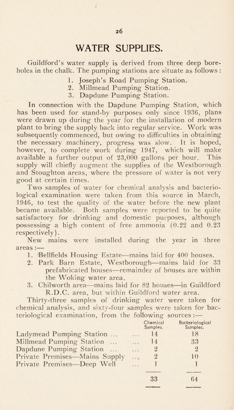 WATER SUPPLIES. Guildford’s water supply is derived from three deep bore- holes in the chalk. The pumping- stations are situate as follows : 1. Joseph’s Road Pumping Station. 2. Millmead Pumping Station. 3. Dapdune Pumping Station. In connection with the Dapdune Pumping Station, which has been used for stand-by purposes only since 1936, plans were drawn up during the year for the installation of modern plant to bring the supply back into regular service. Work was subsequently commenced, but owing to difficulties in obtaining the necessary machinery, progress was slow. It is hoped, however, to complete work during 1947, which will make available a further output of 23,000 gallons per hour. This supply will chiefly augment the supplies of the Westborough and Stoughton areas, where the pressure of water is not very good at certain times. Two samples of water for chemical analysis and bacterio- logical examination were taken from this source in March, 4946, to test the quality of the water before the new plant became available. Both samples were reported to be quite satisfactory for drinking and domestic purposes, although possessing a high content of free ammonia (0.22 and 0.23 respectively). New mains were installed during the year in three areas :— 1. iBellfields Housing Estate—mains laid for 400 houses. 2. Park Barn Estate, Westborough—mains laid for 33 prefabricated houses—remainder of houses are within the Woking water area. 3. Chilworth area—mains laid for 82 houses—in Guildford R.D.C. area, but within Guildford water area. Thirty-three samples of drinking water were taken for chemical analysis, and sixty-four samples were taken for bac- teriological examination, from the following sources :— Ladymead Pumping Station .... Chemical Samples. 14 Bacteriological Samples. 18 Millmead Pumping Station ... 14 33 Dapdune Pumping Station ... 2 2 Private Premises—Mains Supply 2 10 Private Premises—Deep Well 1 1 33 64