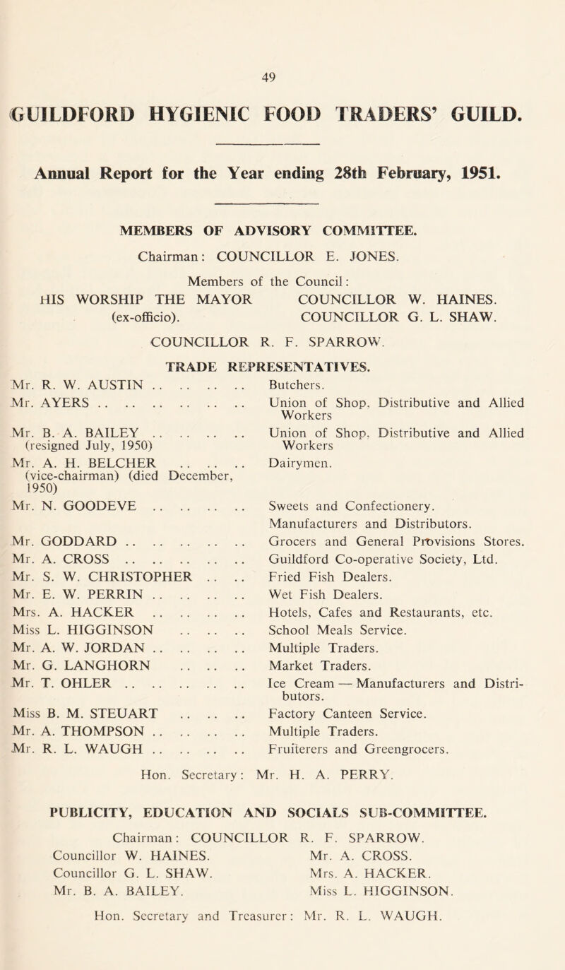 GUILDFORD HYGIENIC FOOD TRADERS’ GUILD. Annual Report for the Year ending 28th February, 1951. MEMBERS OF ADVISORY COMMITTEE. Chairman: COUNCILLOR E. JONES. Members of the Council: HIS WORSHIP THE MAYOR COUNCILLOR W. HAINES. (ex-officio). COUNCILLOR G. L. SHAW. COUNCILLOR R. F. SPARROW. TRADE REPRESENTATIVES. Mr. R. W. AUSTIN Mr. AYERS . . Mr. B. A. BAILEY (resigned July, 1950) Mr. A. H. BELCHER (vice-chairman) (died December, 1950) Mr. N. GOODEVE Mr. GODDARD Mr. A. CROSS Mr. S. W. CHRISTOPHER .. .. Mr. E. W. PERRIN Mrs. A. HACKER Miss L. HIGGINSON Mr. A. W. JORDAN Mr. G. LANGHORN Mr. T. OHLER Miss B. M. STEUART Mr. A. THOMPSON Mr. R. L. WAUGH Hon. Secretary: Butchers. Union of Shop, Distributive and Allied Workers Union of Shop. Distributive and Allied Workers Dairymen. Sweets and Confectionery. Manufacturers and Distributors. Grocers and General Provisions Stores. Guildford Co-operative Society, Ltd. Fried Fish Dealers. Wet Fish Dealers. Hotels, Cafes and Restaurants, etc. School Meals Service. Multiple Traders. Market Traders. Ice Cream — Manufacturers and Distri- butors. Factory Canteen Service. Multiple Traders. Fruiterers and Greengrocers. Mr. H. A. PERRY. PUBLICITY, EDUCATION AND SOCIALS SUB-COMMITTEE. Chairman: COUNCILLOR R. F. SPARROW. Councillor W. HAINES. Mr. A. CROSS. Councillor G. L. SHAW. Mrs. A. HACKER. Mr. B. A. BAILEY. Miss L. HIGGINSON. Hon. Secretary and Treasurer: Mr. R. L. WAUGH.