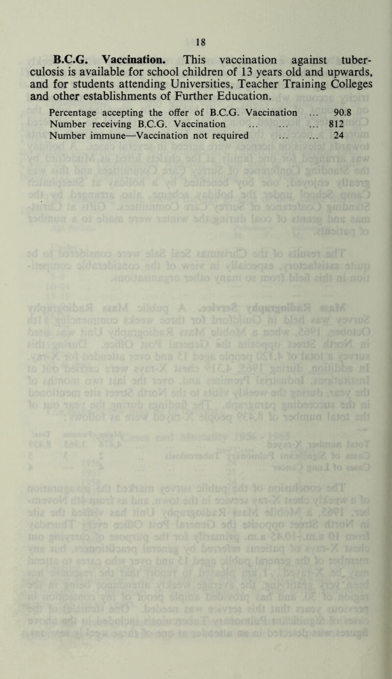 B.C.G. Vaccination. This vaccination against tuber- culosis is available for school children of 13 years old and upwards, and for students attending Universities, Teacher Training Colleges and other establishments of Further Education. Percentage accepting the offer of B.C.G. Vaccination ... 90.8 Number receiving B.C.G. Vaccination 812 Number immune—Vaccination not required 24