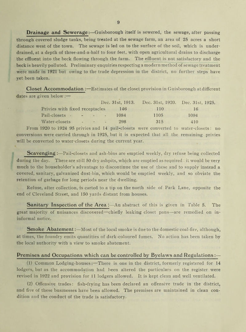 Drainage and Sewerage:—Guisborough itself is sewered, the sewage, after passing through covered sludge tanks, being treated at the sewage farm, an area of 25 acres a short distance west of the town. The sewage is led on to the surface of the soil, which is under- drained, at a depth of three-and-a-half to four feel, with open agricultural drains to discharge the effluent into the beck flowing through the farm. The effluent is not satisfactory and the beck is heavily polluted. Preliminary enquiries respecting a modern method of sewage treatment were made in 1921 but owing to the trade depression in the district, no further steps have yet been taken. Privies with fixed receptacles Pail-closets - Water-closets 146 1084 298 110 1105 315 16 1094 410 From 1920 to 1924 95 privies and 14 pail-closets were converted to water-closets: no conversions were carried through in 1925, but it is expected that all the remaining privies will be converted to water-closets during the current year. Scavenging :—Pail-closets and ash-bins are emptied weekly, dry refuse being collected during the day. Theie are still 50 dry ashpits, which are emptied as required : it would be very much to the householder’s advantage to discontinue the use of these and to supply instead a covered, sanitary, galvanized dust-bin, which would be emptied weekly, and so obviate the retention of garbage for long periods near the dwelling. Refuse, after collection, is carted to a tip on the north side of Park Lane, opposite the end of Cleveland Street, and 150 yards distant from houses. Sanitary Inspection of the Area:—An abstract of this is given in Table 5. The great majority of nuisances discovered—chiefly leaking closet pans—are remedied on in- iuformal notice. Smoke Abatement:—Most of the local smoke is due to the domestic coal-fire, although, at times, the foundry emits quantities of dark-coloured fumes. No action has been taken by the local authority with a view to smoke abatement. Premises and Occupations which can be controlled by Byelaws and Regulations:— (1) Common Lodging-houses:—There is one in the district, formerly registered for 14 lodgers, but as the accommodation had been altered the particulars on the register were revised in 1922 and provision for 11 lodgers allowed. It is kept clean and well ventilated. (2) Offensive trades: fish-frying has been declared an offensive trade in the district, and five of these businesses have been allowed. The premises are maintained in clean con- dition and the conduct of the trade is satisfactory.