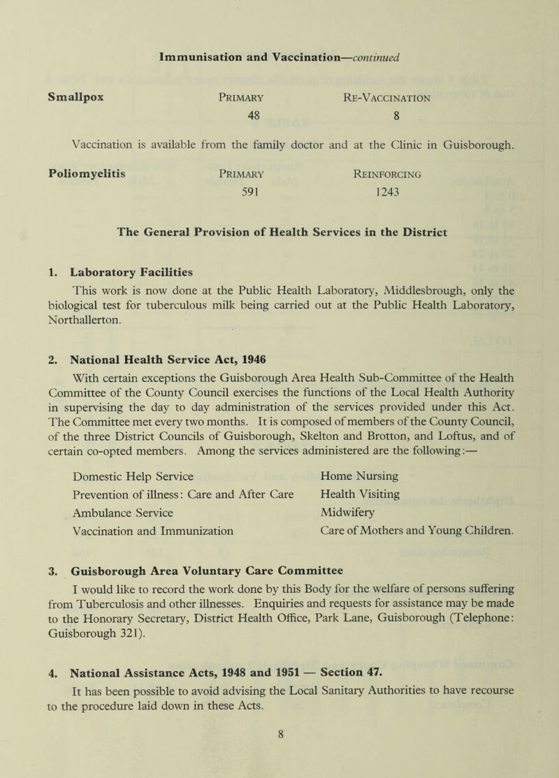 Immunisation and Vaccination—continued Smallpox Primary 48 Re-Vaccination 8 Vaccination is available from the family doctor and at the Clinic in Guisborough. Poliomyelitis Primary 591 Reinforcing 1243 The General Provision of Health Services in the District 1. Laboratory Facilities This work is now done at the Public Health Laboratory, Middlesbrough, only the biological test for tuberculous milk being carried out at the Public Health Laboratory, Northallerton. 2. National Health Service Act, 1946 With certain exceptions the Guisborough Area Health Sub-Committee of the Health Committee of the County Council exercises the functions of the Local Health Authority in supervising the day to day administration of the services provided under this Act. The Committee met every two months. It is composed of members of the County Council, of the three District Councils of Guisborough, Skelton and Brotton, and Loftus, and of certain co-opted members. Among the services administered are the following:— Domestic Help Service Home Nursing Prevention of illness: Care and After Care Health Visiting Ambulance Service Midwifery Vaccination and Immunization Care of Mothers and Young Children. 3. Guisborough Area Voluntary Care Committee I would like to record the work done by this Body for the welfare of persons suffering from Tuberculosis and other illnesses. Enquiries and requests for assistance may be made to the Honorary Secretary, District Health Office, Park Lane, Guisborough (Telephone: Guisborough 321). 4. National Assistance Acts, 1948 and 1951 — Section 47. It has been possible to avoid advising the Local Sanitary Authorities to have recourse to the procedure laid down in these Acts.