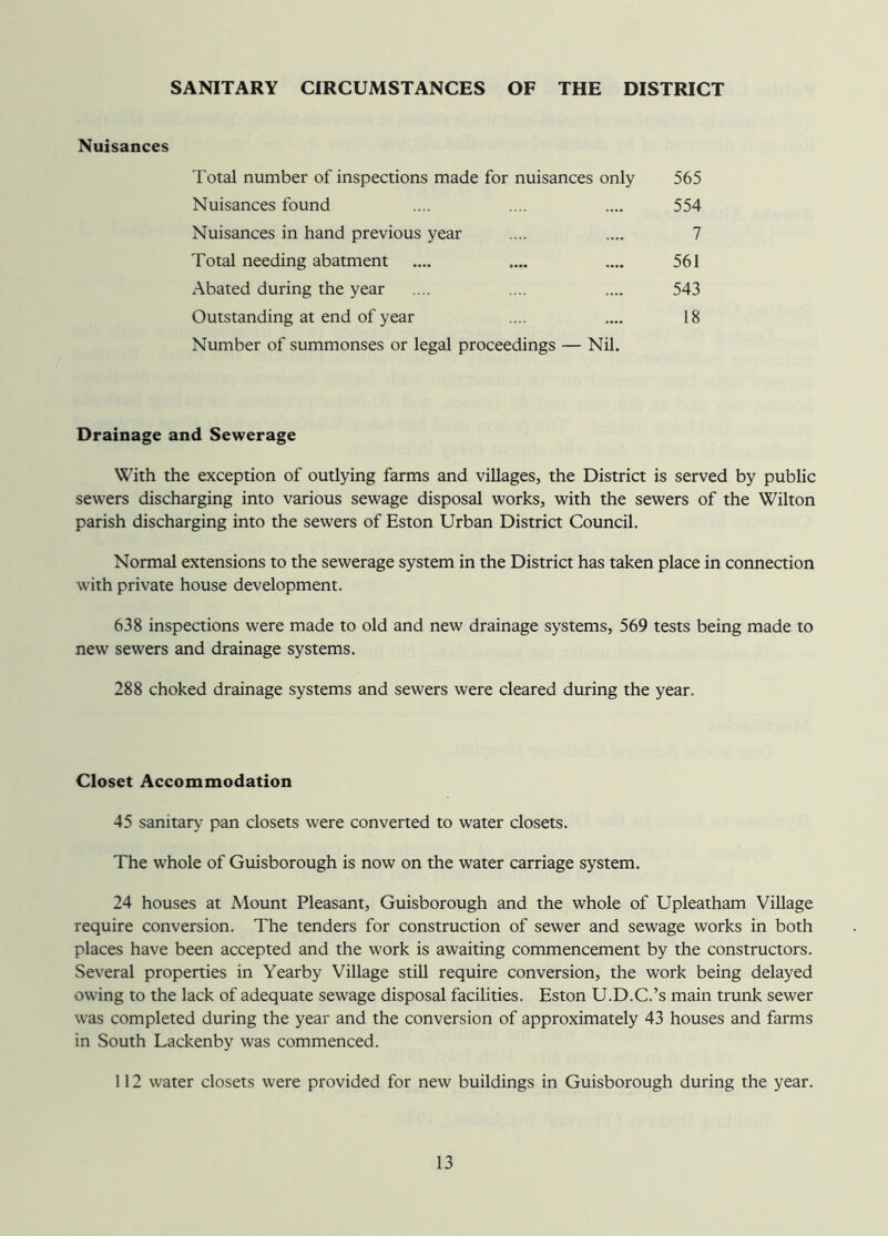 SANITARY CIRCUMSTANCES OF THE DISTRICT Nuisances Total number of inspections made for nuisances only Nuisances found Nuisances in hand previous year Total needing abatment Abated during the year Outstanding at end of year Number of summonses or legal proceedings — Nil. 561 543 18 565 554 7 Drainage and Sewerage With the exception of outlying farms and villages, the District is served by public sewers discharging into various sewage disposal works, with the sewers of the Wilton parish discharging into the sewers of Eston Urban District Council. Normal extensions to the sewerage system in the District has taken place in connection with private house development. 638 inspections were made to old and new drainage systems, 569 tests being made to new sewers and drainage systems. 288 choked drainage systems and sewers were cleared during the year. Closet Accommodation 45 sanitary^ pan closets were converted to water closets. The whole of Guisborough is now on the water carriage system. 24 houses at Mount Pleasant, Guisborough and the whole of Upleatham Village require conversion. The tenders for construction of sewer and sewage works in both places have been accepted and the work is awaiting commencement by the constructors. Several properties in Yearby Village still require conversion, the work being delayed owing to the lack of adequate sewage disposal facilities. Eston U.D.C.’s main trunk sewer was completed during the year and the conversion of approximately 43 houses and farms in South Lackenby was commenced. 112 water closets were provided for new buildings in Guisborough during the year.