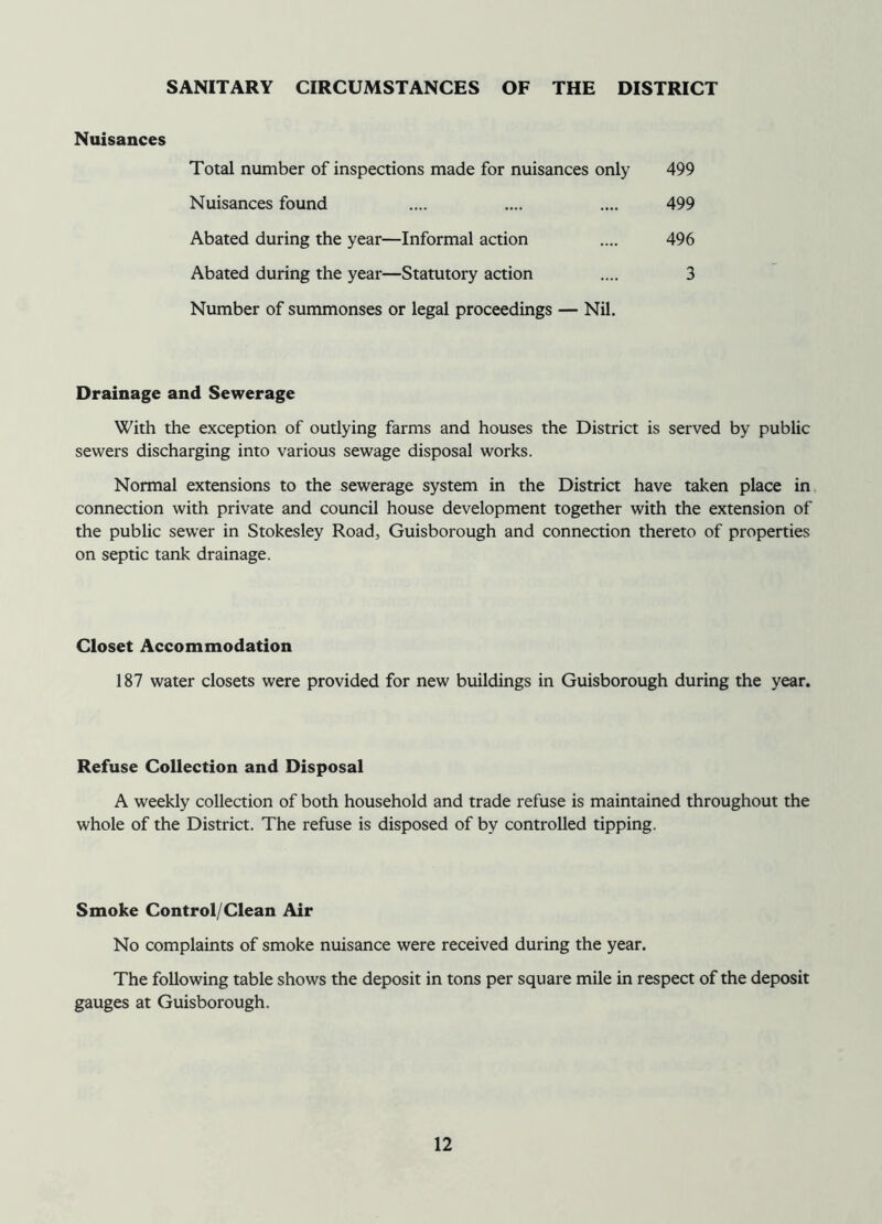 SANITARY CIRCUMSTANCES OF THE DISTRICT Nuisances Total number of inspections made for nuisances only 499 Nuisances found Abated during the year—Informal action Abated during the year—Statutory action Number of summonses or legal proceedings — Nil. 499 496 3 Drainage and Sewerage With the exception of outlying farms and houses the District is served by public sewers discharging into various sewage disposal works. Normal extensions to the sewerage system in the District have taken place in connection with private and council house development together with the extension of the public sewer in Stokesley Road, Guisborough and connection thereto of properties on septic tank drainage. Closet Accommodation 187 water closets were provided for new buildings in Guisborough during the year. Refuse Collection and Disposal A weekly collection of both household and trade refuse is maintained throughout the whole of the District. The refuse is disposed of by controlled tipping. Smoke Control/Clean Air No complaints of smoke nuisance were received during the year. The following table shows the deposit in tons per square mile in respect of the deposit gauges at Guisborough.