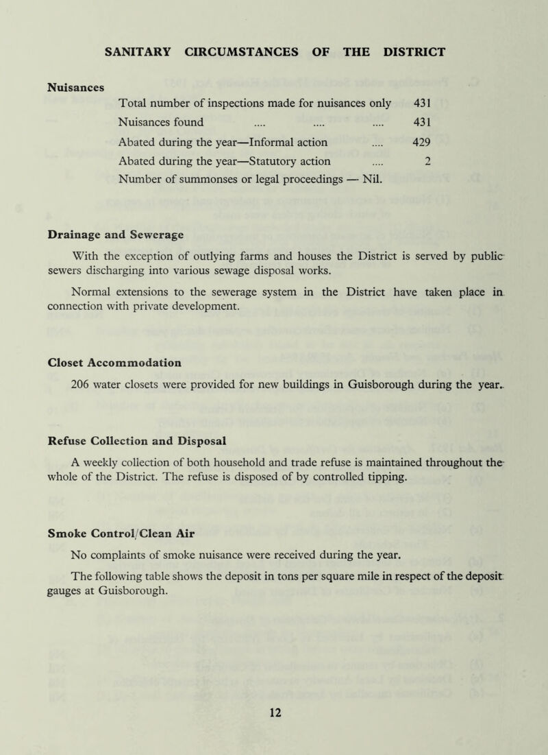 SANITARY CIRCUMSTANCES OF THE DISTRICT Nuisances Total number of inspections made for nuisances only Nuisances found Abated during the year—Informal action Abated during the year—Statutory action Number of summonses or legal proceedings — Nil. 429 431 431 Drainage and Sewerage With the exception of outlying farms and houses the District is served by public sewers discharging into various sewage disposal works. Normal extensions to the sewerage system in the District have taken place in connection with private development. Closet Accommodation 206 water closets were provided for new buildings in Guisborough during the year^ Refuse Collection and Disposal A weekly collection of both household and trade refuse is maintained throughout the whole of the District. The refuse is disposed of by controlled tipping. Smoke Control/Clean Air No complaints of smoke nuisance were received during the year. The following table shows the deposit in tons per square mile in respect of the deposit gauges at Guisborough.