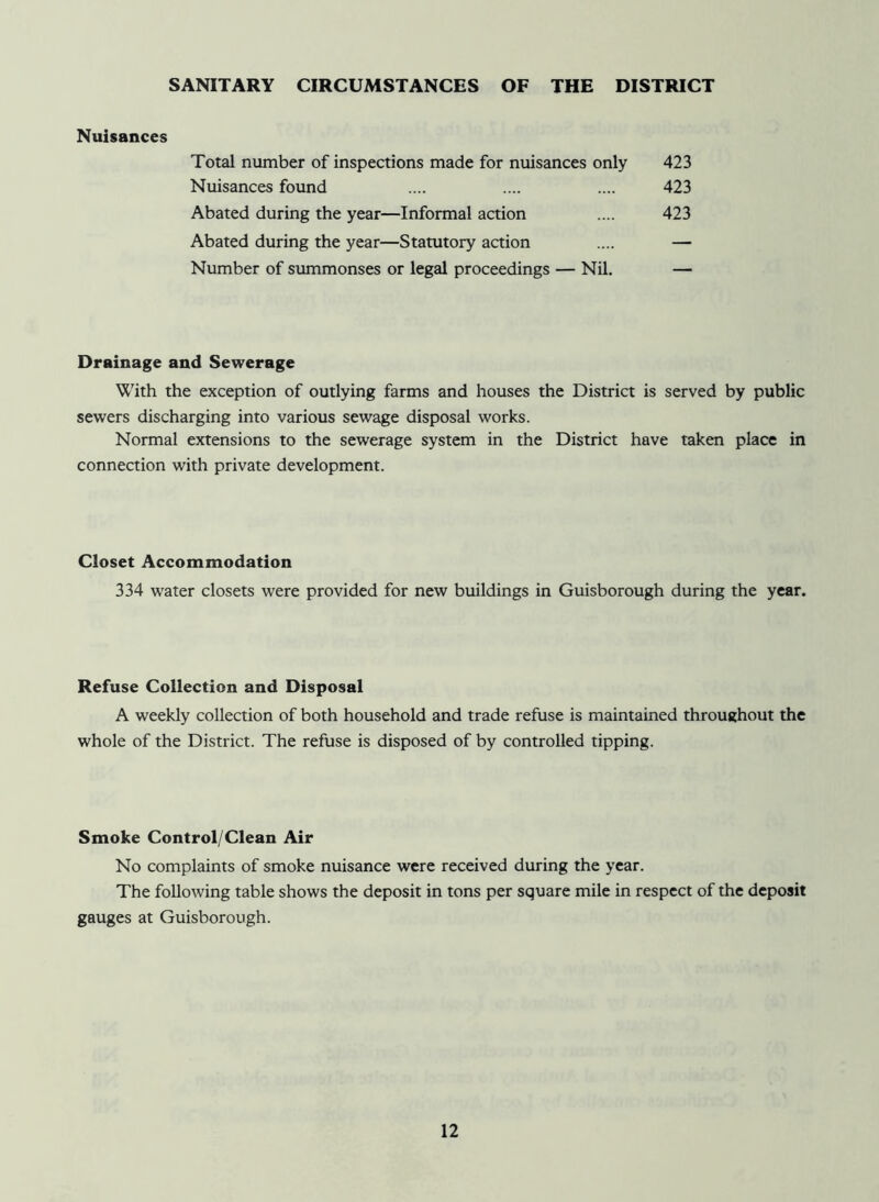SANITARY CIRCUMSTANCES OF THE DISTRICT Nuisances Total number of inspections made for nuisances only Nuisances found Abated during the year—Informal action Abated during the year—Statutory action Number of summonses or legal proceedings — Nil. 423 423 423 Drainage and Sewerage With the exception of outlying farms and houses the District is served by public sewers discharging into various sewage disposal works. Normal extensions to the sewerage system in the District have taken place in connection with private development. Closet Accommodation 334 water closets were provided for new buildings in Guisborough during the year. Refuse Collection and Disposal A weekly collection of both household and trade refuse is maintained throughout the whole of the District. The refuse is disposed of by controlled tipping. Smoke Control/Clean Air No complaints of smoke nuisance were received during the year. The following table shows the deposit in tons per square mile in respect of the deposit gauges at Guisborough.