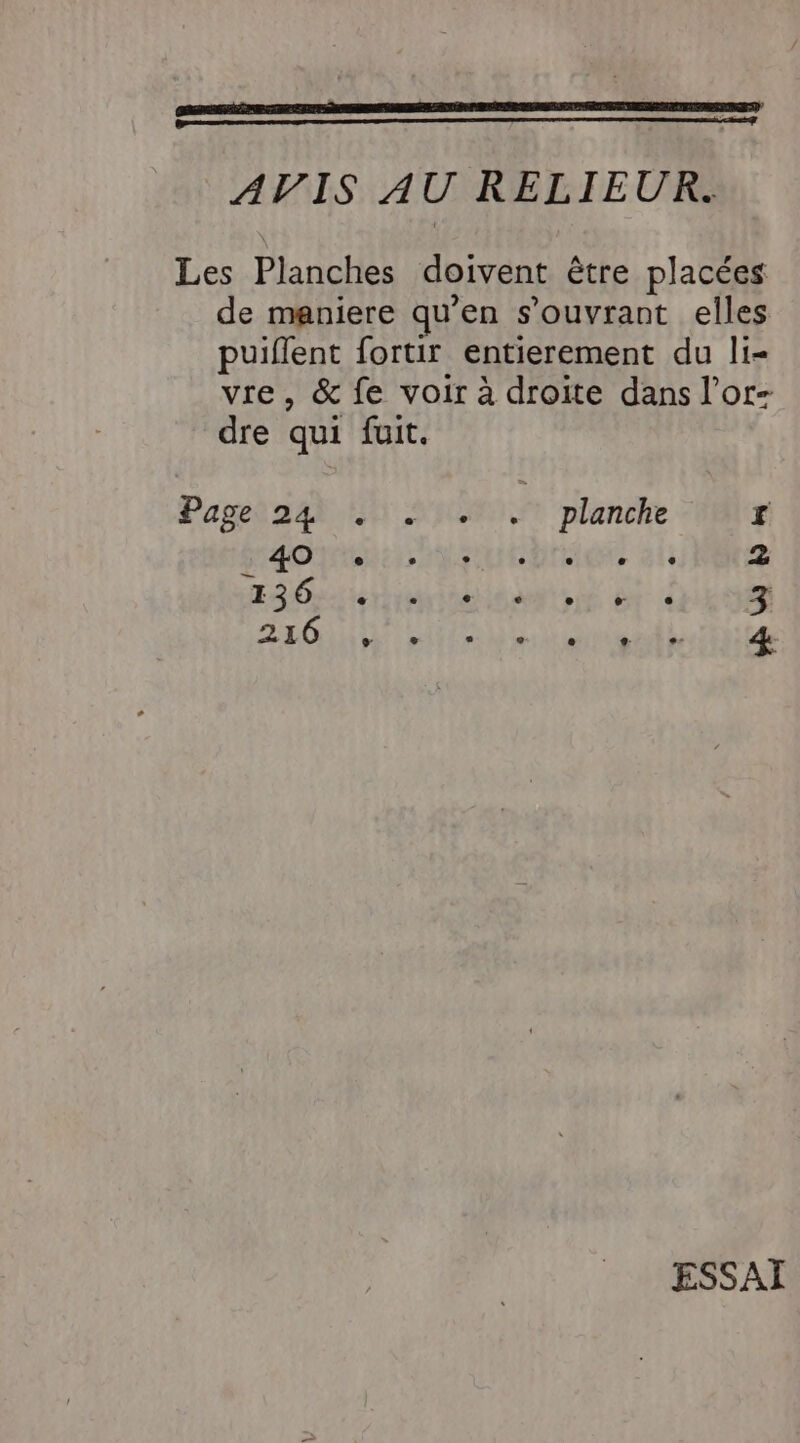 CARE SRE 9 PP EP EEE EEE AVIS AU RELIEUR. Les Planches doivent être placées de maniere qu’en s’ouvrant elles puiflent fortir entierement du li- vre, &amp; fe voir à droite dans l’or- dre qui fuit. Paged aan tn pe ÿ planche à pacs hautbrie 1ère RO pride afp de 3 DL in mit M les ttigrt ler TEDLLé ESSAI