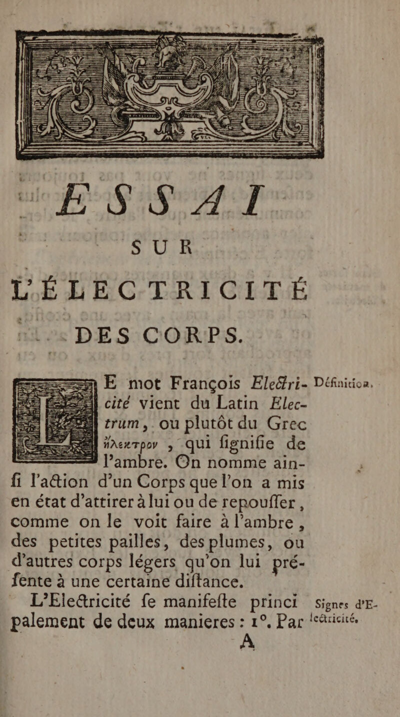 jan Re nt LS (#8 L'ÉDECTRICITÉ 12 DES CORPS. | cité vient du Latin Elec- trum, . ou plutôt du Grec #AewTpoy ; QUI fignifie de = l’ambre. On nomme ain- fi l'a&amp;ion d’un Corps que l’on a mis en état d’attirer à lui ou de repoufler, comme on le voit faire à l’ambre, des petites pailles, des plumes, ou d'autres corps légers qu'on lui pré- fente à une certaine diftance. À