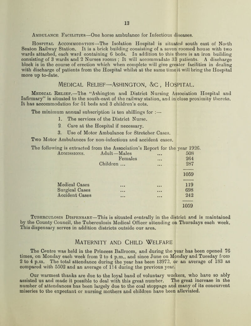 Ambulance Facilities—One horse ambulance for Infectious diseases. Hospital Accommodation—The Isolation Hospital is situated south east of North Seaton Railway Station. It is a brick building consisting of a seven roomed house with two wards attached, each ward containing 6 beds. In addition to this there is an iron building consisting of 3 wards and 2 Nurses rooms ; It will accommadate 33 patients. A discharge block is in the course of erection which when complete will give greater facilities in dealing with discharge of patients from the Hospital whilst at the same time it will bring the Hospital more up to-date. Medical Relief—Ashington, &c, Hospital. Medical Relief.—The “Ashington and District Nursing Association Hospital and Infirmary” is situated to the south-east of the railway station, and in close proximity thereto. It has accommodation for 51 beds and 3 children’s cots. The minimum annual subscription is ten shillings for :— 1. The services of the District Nurse. 2 Care at the Hospital if necessary. 3. Use of Motor Ambulance for Stretcher Cases. Two Motor Ambulances for non-infectious and accident cases. The following is extracted from the Association’s Report for the year 1926. Admissions. Adult—Males 508 Females 264 Children ... 287 1059 Medical Gases 119 Surgical Cases 698 Accident Cases 242 1059 Tuberculosis Dispensary—This is situated centrally in the district and is maintained by the County Council, the Tuberculosis Medical Officer attending on Thursdays each week. This dispensary serves in addition districts outside our area. Maternity and Child Welfare The Centre was held in the Princess Ballroom, and during the year has been opened 76 times, on Monday each week from 2 to 4 p.m., and since June on Monday and Tuesday from 2 to 4 p.m. The total attendance during the year has been 13972, or an average of 183 as compared with 5502 and an average of 114 during the previous year. Our warmest thanks are due to the loyal band of voluntary workers, who have so ably assisted us and made it possible to deal with this great number. The great increase in the number of attendances has been largely due to the coal stoppage and many of its concurrent miseries to the expectant or nursing mothers and children have been alleviated.