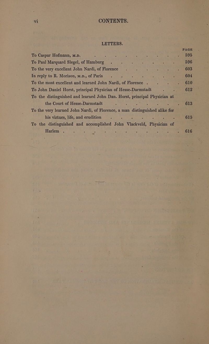 LETTERS. To Caspar Hofmann, m.p. 5 To Paul Marquard Slegel, of Hamburg To the very excellent John Nardi, of Florence In reply to R. Morison, w.p., of Paris To the most excellent and learned John Nardi, of Florence To John Daniel Horst, principal Physician of Hesse-Darmstadt To the distinguished and learned John Dan. Horst, principal Physician at the Court of Hesse-Darmstadt To the very learned John Nardi, of Florence, a man distinguished alike for his virtues, life, and erudition To the distinguished and accomplished John Vlackveld, Physician of Harlem — PAGE 595 596 603 604 610 612 613 615 616