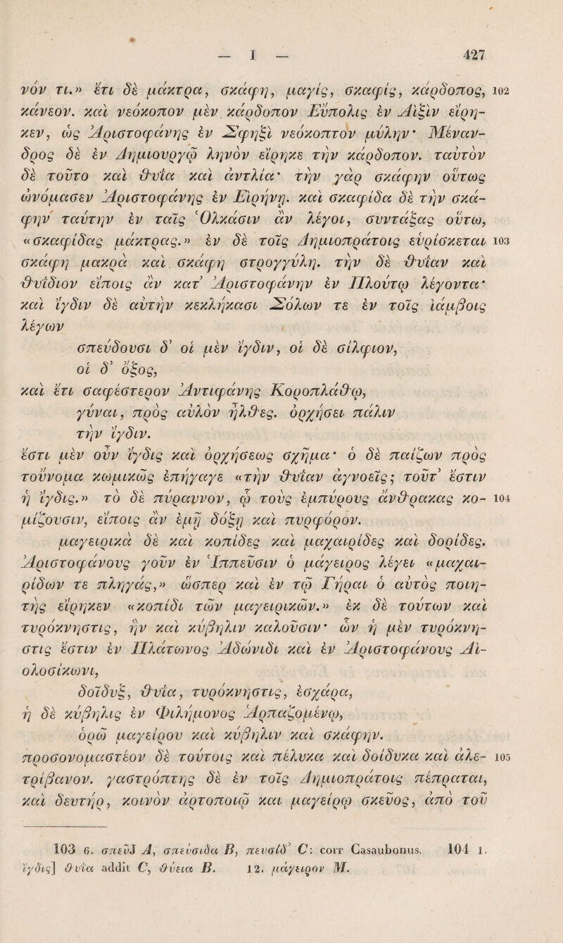 νόν τ^.» 'έτί δέ μάκτρα, ακάψη, μαγίς, ακαφίς, κάρδοπος, ΐ02 κάνεον. καϊ νεόκοπον μεν κάρδοτιον Ενπολις έν Αϊ'ξϊν εϊρη- κεν, ώς Αριστοφάνης έν ^φηξί νευκοπτον μνλην' Μέναν¬ δρος δε έν /ίημιουργω λιανόν εϊρηκε την κάρδοπον. ταντδν δε τούτο καϊ Ανία καϊ αντλία την γάρ ακάφην όντως ώνόμααεν Αριστοφάνης έν Ειρήνη, και σκαφάδα δε τ?]ν σκά- φην ταντην έν ταϊς Όλκάσιν άν λέγοι, σνντάξας οντω, «σκαφίδας μάκτρας,» ίν δε τοΐς Αημιοπράτοις ενρίσκεται ΐ03 σκάφη μακρά καϊ σκάφη στρογγυλή, την δέ Ανίαν καϊ Ανίδιον εϊποις άν κατ Αριστοφάνην έν Πλοντω λέγοντα και ϊγδιν δε αυτήν κεκληκασι 2όλων τε έν τοίς Ιάμβοις λέγων / σπενδουσι δ' οί μέν ϊγδιν, οί δέ σίλφιον, Γ <ΛΙ οι ο Οζος, και έτι σαφέστερον Αντιφάνης ΚοροπλάΟφ, γύναι, προς αυλόν 7]λΑες. όρχησει πάλιν την ϊγδιν. έστι μέν ούν ϊγδις καϊ όρχησεως σχήμα ό δέ παίζων προς τούνομα κωμικώς έπηγαγε ^<την Αυίαν αγνοείς-, τουτ έστιν 7] ϊγδις.» το δέ πυραννον, φ τούς έμπυρους άνΑρακας κο- ΐ04 μίζονσιν, εϊποις άν έμύ] (5'οξ^/ καϊ πνρφόρον. μαγειρικά δέ καϊ κοπίδες καϊ μαχαιρίδες καϊ δορίδες. Αριστοφάνονς γούν έν Αππεϋσιν ό μάγειρος λέγει αμαχαι- ρίδων τε πληγάς,» ώσπερ καϊ έν τω Γηραι 6 αυτός ποιη¬ τής εϊρηκεν «κοπίδι των μαγειρικών.» έκ δέ τούτων καϊ τνρόκνηστις, ην καϊ κνβηλιν καλοϋσιν ών η μέν τνρόκνη- στις εστιν έν ΤΙλάτοίνος Αδώνιδι καϊ έν Αριστοφάνονς Αι- ολοσίκωνι, δοίδν'ξ, Ανία, τνρόκνηστις, έσχάρα, η δέ κύβηλις έν Φιλημονος Αρπαζομένω, όρώ μαγείρου καϊ κνβηλιν καϊ σκάφην. προσονομαστέον δέ τούτοις καϊ πέλνκα καϊ δοίδνκα καϊ άλε- ιοδ τρίβανον. γαστρόπτης δέ έν τοίς Αημιοπράτοις πέπραται, καϊ δεντηρ, κοινόν άρτοποιφ και μαγείρω σκεύος, από του 103 6. στιεΰί Α, στιενσιδα Β, πευσίΕ Ο: οοιτ €α5ηιι1)οηα8. 104 ΐ. ϊγδίς\ Ο ν'ία αοίιΐίΐ V, ^ νεια> Β. 12. μάγειρον Μ.