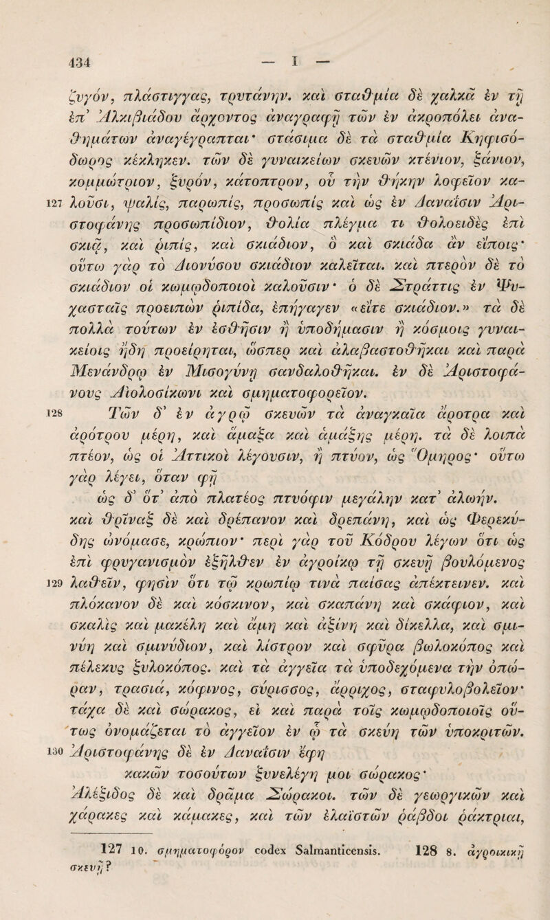 ζυγόν, πλάστιγγας, τρντάνην, και στα&μία χαλκά έν τΐ} έπ’ !/ί?.κίβιάδου άρχοντος άναγραψΐΐ των έν ακροπόλει ανα¬ θημάτων άναγέγραπται* στάσιμα δέ τά σταϋμία Κ7]ψισό- δωρος κΛκληκεν. των δέ γυναικείων σκευών κτένιον, ξάνιον, κομμοηριον, 'ξυρόν, κάτοπτρον, οϋ την θηκην λοφεΐον κα~ 127 λοϋσι, ψαλίς, παρωπίς, προσωπίς καϊ ως έν /Ιαναίσιν Αρι¬ στοφάνης προσωπίδων, ιλολία πλέγμα τι θ-ολοειδές έπϊ σκιά, και ριπίς, καϊ σκιάδων, ο και σκιάδα άν είποις' οϋτο} γάρ το /Ιωνυσου σκιάδων καλείται, καϊ πτερόν δέ το σκιάδων οί κωμωδοποωϊ κα?ωϋσιν * ό (^έ ^τράττις έν Ψυ- χασταίς προειπών ριπίδα, έπηγαγεν πιείτε σκιάδων.» τά δέ πολλά τούτων έν έσχλησιν η υποδημασιν η κόσμοις γυναι- κείοις ηδη προείρηται, ώσπερ καϊ άλαβαστοϋηκαι καϊ παρά Μενάνδρω έν Μισογύνη] σανδαλο&ηκαι. έν δέ !Αριστοφά- νους ^Ιολοσίκωνι καϊ σμηματοφορείον. 128 Των δ' έν άγρω σκευών τά άναγκαία άροτρα και αρότρου μέρη, καϊ άμαξα καϊ άμάξης μέριγ τά δέ λοιπά πτέον, ως οι !Αττικοϊ λέγουσιν, η πτνον, ως 'Όμηρος' ουτω γάρ λέγει, όταν φη ως δ' ότ άπό πλατέος πτυόφιν μεγάλην κατ άλωην. καϊ 'β'ρίναξ δέ καϊ δρέπανον καϊ δρεπάνι], καϊ ως Φερεκύ- δης ώνόμασε, κρώπων' περϊ γάρ του Κόδρου λέγων ότι ως έπϊ ψρυγανισμόν έξηλτλεν έν άγροίκφ τη σκευή βουλόμενος 129 λα&είν, φησϊν ότι τω κρωπίφ τινά παίσας άπέκτεινεν. καϊ πλόκανον δέ καϊ κόσκινον, καϊ σκαπάνη καϊ σκάφων, καϊ σκαλϊς καϊ μακέλη καϊ άμη καϊ άξίνη καϊ δίκελλα, καϊ σμι- νυη καϊ σμινύδων, καϊ λίστρον καϊ σφυρά βωλοκόπος καϊ πέλεκυς ξυλοκόπος, καϊ τά άγγεία τά υποδεχόμενα την οπώ¬ ραν, τρασιά, κόφινος, σύρισσος, άρριχος, σταφυλοβολείον* τάχα δέ καϊ σώρακος, εΐ καϊ παρά τοίς κωμφδοποωϊς οΰ- 'τως ονομάζεται το άγγείον έν φ τά σκευή τών υποκριτών. 130 ^Αριστοφάνης δέ έν Ααναίσιν εφη κακών τοσούτων ξυνελέγη μοι σώρακος' Αλέξιδος δέ καϊ δράμα ^ώρακοι. τών δέ γεωργικών καϊ χάρακες καϊ κάμακες, καϊ τών έλαϊστών ράβδοι ράκτριαι, 127 10. σμηματο(ρ6ρον οοάβχ δ3ΐηΐ3ηΐίοοη8ΐ$. 128 8. άγροικικί] σκίΐηΑ