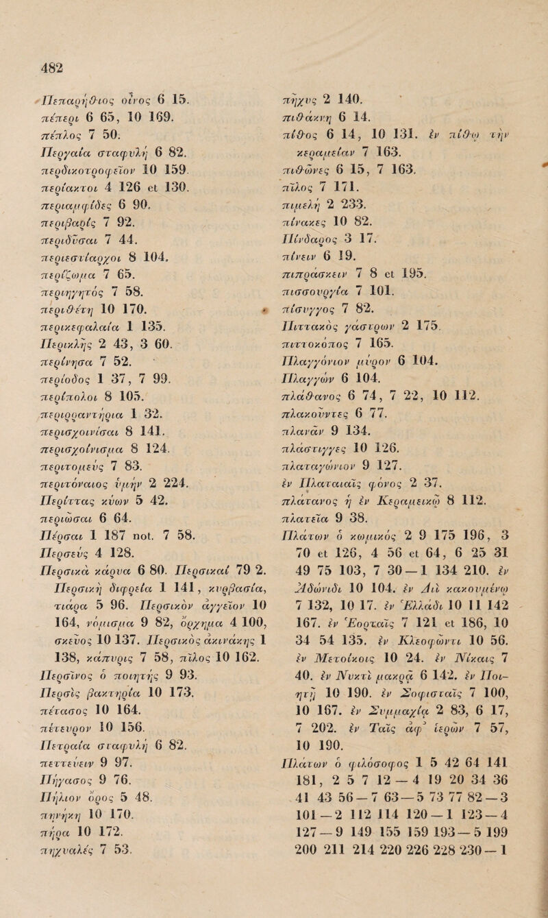 ΠίηαρήΟιος οίίος 6 15. 7ΐ£7ΐερί 6 65, 10 169. τΐετίλος 7 50. ΠίργαΙα σταφυλή 6 82. περδικοτροφεϊον 10 159. ηερίακτοι 4 126 οΙ 130. 7Τεριαμ(ρίδες 6 90. περιβαρίς 7 92. τΐεριδΰσαι 7 44. περιεστίαρχοι 8 104. περίζο)μα 7 65. ττεριηγητός 7 58. ττερι&ε'τη 10 170. περικεφαλαία 1 135. Περικλής 2 43, 3 60. περίι/ησα 7 52, περίοδος 1 37, 7 99. περίπολοι 8 105. περιρραντήρια 1 32. περισχοινίσαι 8 141. περισχοίνισμα 8 124. περιτομενς 7 83. περιτόναιος νμήν 2 224. Περίττας κνο)ν 5 42. περιωσαι 6 64. Πε'ρσαι 1 187 ηοΐ. 7 58. Περσεύς 4 128. Περσικά κάρυα 6 80. Περσικαί 79 2. Περσική διφρεία 1 141, κυρβασία^ τιάρα 5 96. Περσικόν άγγείον 10 164, νόμισμα 9 82, όρχημα 4 100, σκεύος 10137. Περσικός άκινάκης 1 138, κάπυρις 7 58, πίλος 10 162. Περσινός ό ποιητής 9 93. Περσις βακτηρία 10 173. πέτασος 10 164. πέτευρον 10 156. Πετραία σιαφυλή 6 82, πεττεΰειν 9 97. Πήγασος 9 76. Πήλιον όρος 5 48. πηνήκη 10 170. πήρα 10 172. πηχυαλές 7 53. πηχυς 2 140. τΐι&άκνη 6 14. πί&ος 6 14, 10 131. ίν πίθιο τήν κεραμείαν 7 163. πιϋώνες 6 15, 7 163. πίλος 7 171. πιμελη 2 233. πίνακες 10 82. Πίνδαρος 3 17. πίνειν 6 19. πιπράσκειν 7 8 οΐ 195, πισσουργία 7 101. πίσυγγος 7 82. Πιττακός γάσιρο)ν 2 175. πιττοκοπος 7 16.5. Πλαγγόνιον μύρον 6 104. Πλαγγών 6 104. ηλάθανος 6 74, 7 22, 10 112, πλακούντες 6 77. πλανάν 9 134. πλάστιγγες 10 126. πλαταγο'ινιον 9 127. ίν Πλαταιαίς φόνος 2 37. » ' πλάτανος ή εν Κεραμεικω 8 112. πλατεία 9 38. Πλάτων ό κο)μικός 2 9 175 196, 3 70 βΐ 126, 4 56 βΐ 64, 6 25 31 49 75 103, 7 30 —1 134 210. ίν Πδώνιδι 10 104. εν γίιι κακουμένο) 7 132, 10 17. έν 'Ελλάδι 10 II 142 167. ίν '^Εορταίς 7 121 εΐ 186, 10 34 54 135. εν Κλεοφο)ντι 10 56, ίν Μετοίκοις 10 24, ίν Νίκαις 7 40. έν ΝυκτΙ μακρα 6 142. έν Ποι¬ ητή 10 190. εν Σοφισταίς 7 100, 10 167. εν Συμμαχία 2 83, 6 17, 7 202. ίν Ταίς άφ ίερο)ν 7 57, 10 190. Πλάτων ό φιλόσοφ^ος 1 5 42 64 141 181, 2 5 7 12 - 4 19 20 34 36 41 43 56-7 63 — 5 73 77 82 — 3 101-2 112 114 120 — 1 123 — 4 127 — 9 149 155 1.59 193—5 199 200 211 214 220 226 228 230-1