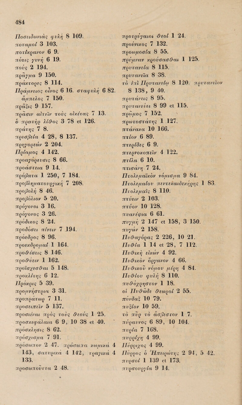 Ποσειδοη'ίάς φυλή 8 109. ■ποταμοί 3 103. ηοτίγ,^ανον 6 9. πότις γυνή 6 19. ποί'ς 2 194. ■πραγμα 9 ΙδΟ. πράκτορες 8 114. ΤΙράμνειος οίνος 6 16. σταφυλή 6 82. άμπελος 7 150. πρά^ις 9 157. πρασιν αΐτεϊν τους οίκετας 7 13. 6 πρατήρ λί&ος 3 78 εΐ 126. πράτης 7 8. πρεσβεία 4 28, 8 137. πρηγορεών 2 204. Πρίαμος 4 142. προαγόρευσις 8 66. προάστεια 9 14. πρόβατα 1 250, 7 184. προβληματουργική 7 208. προβολή 8 46. προβόλιον 5 20. πρόγονον 3 16. πρόγονος 3 26. πρόδικος 8 24. προδόσει πίνειν 7 194. πρόεδρος 8 96. προεκδρομαί 1 164. προ&ε'σεις 8 146. προθύειν 1 162. προίσχεσ&αι 5 148. προκλίτης 6 12. Πρόκρνς 5 39. προμνήστρια 3 31. προπρατωρ 7 11. προσειτΐεΐ,ν 5 137. προσι,εναν προς τους θεούς 1 25. προσκεφαλανα 6 9, 10 38 εΙ. 40. · ττρόσκλησις 8 62. πρόσ/ισμα 7 91. προσο)πον 2 47. πρόσο)7τα κίομικά 4 143, σατυρικά 4 142, τραγικά 4 133. προσο)πουντα 2 48. προτρύγαιοι θεοί 1 24. ττρούνικος 7 132. προωμοσία 8 55. πρύμναν κρούσασθαι 1 125. πρυτανεία 8 115. πρυτανεία 8 38. το ίπΐ Πρυτανείο^ 8 120. πρντανεΧον 8 138, 9 40. πρντάνεις 8 95. πρυτανεύει 8 99 εΐ 115, προιμος 7 152. προτοστάτης 1 127. πτάνακα 10 166. πτέον 6 89. πτερίδες 6 9. πτερνοκοπεϊν 4 122. πτίλα 6 10. πτισάνη 7 24. Πτολεμαΐκόν νόμισμα 9 84. Πτολεμαίου πεντεκαιδεκήρης 1 83, Πτολεμανς 8 110. πτύειν 2 103. πτύον 10 128. πυανε'χρια 6 61. πυγμή 2 147 εΐ 158, 3 150. πυγάν 2 158. Πυθαγόρας 2 226, 10 21. Πυθία 1 14 εΐ 28, 7 112. Πυθική εικο}ν 4 92. Πνθικόν όργανον 4 66. Πυθικον νόμου με'ρη 4 84. Πυθίου φυλή 8 110. πυθόχρηστον 1 18. οί Πυθωδε θεωροί 2 55. πύνδας 10 79. πυςίον 10 59, τό πυρ το άσβεστον 1 7. πύραυνος 6 89, 10 104, πνρία 7 168. πυρρίχη 4 99. Πύρριχος 4 99. Πύρρος 6 ^Ηπειροη-ιις 2 94, 5 42. πυρσοί 1 139 εΐ 173. πνρσουργία 9 14.