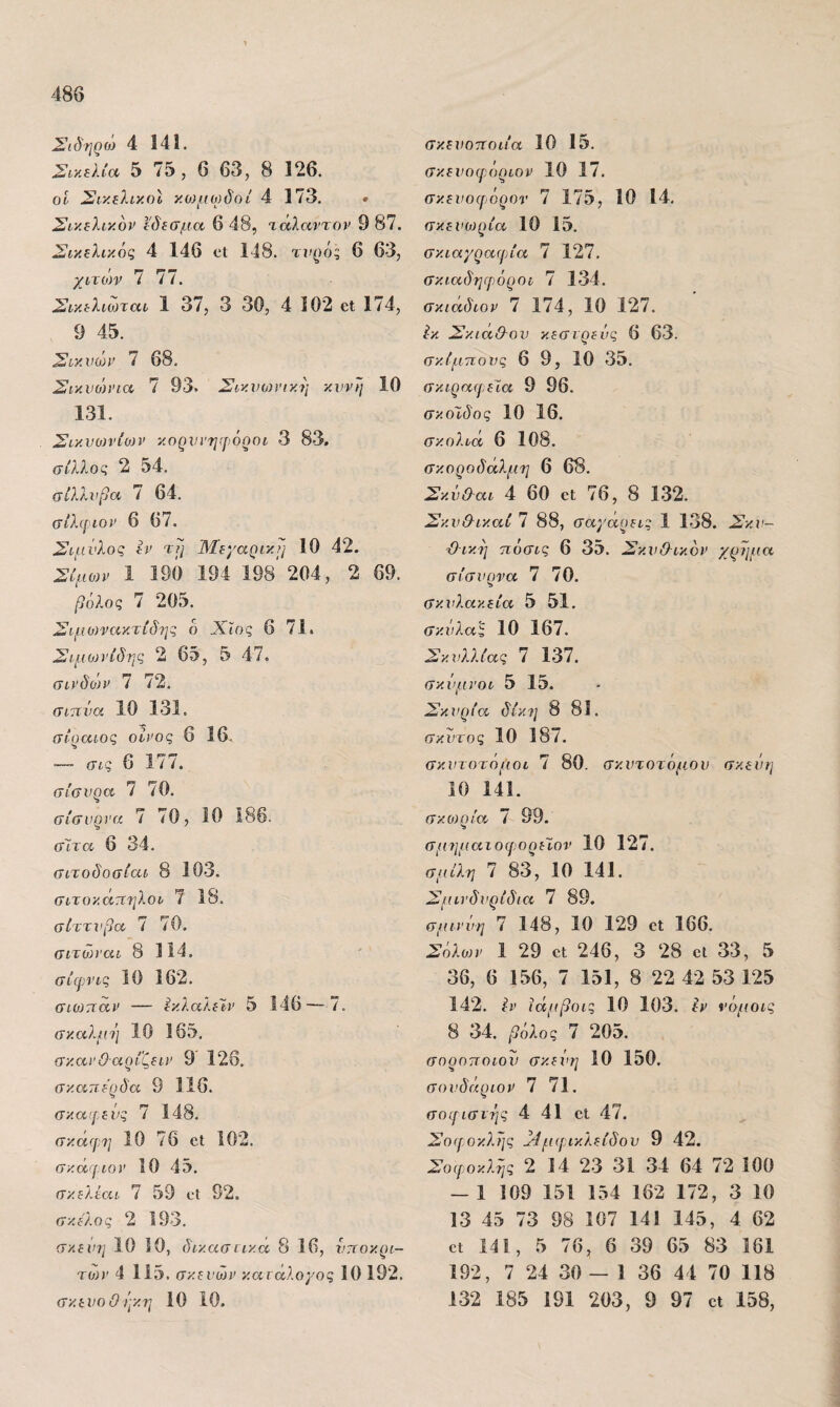 Σιδηρο') 4 141. Σικελΐοί 5 75 , 6 63, 8 126. οί Σικελικοί κϋ)μο)δοί 4 173. · Σικελικόν Ι'δεσμα 6 48, τάλαντον 9 87. Σικελικός 4 146 «Ι 148. τιιρός 6 63, χιτο)ν ί ί ί. Σικελιδηαι 1 37, 3 30, 4 102 οΐ 174, 9 45. Σικνών 7 68. Σικνο}νια 7 93. Σικνοινικλ] κννη 10 131. Σικνοη'ίοιν κορυΐ'ηιρόροι 3 83, σίλλος 2 54. σίλλνβα 7 64. (τίλιριον 6 67. Σιμνλος εν τϊ] Μεγαρικρι 10 42. Σίριων 1 190 194 198* 204, 2 69. βόλος 7 205. Σιριο)νακτίδης 6 Χίος 6 71. Σιμωνίδν^ς 2 65, 5 47. σινδών 7 72. σιτΐνοί 10 131. σίραιος οίνος 6 16. — σις 6 177. σίσνρα 7 70. σίσνρνα 7 70, 10 186. σίτα 6 34. (ΐΐτοδοσόαι 8 103. σιτοκάηηλοι 7 18. σίττνβα 7 70. σιτώναι 8 114. σίφνις 10 162. σιωτΐαν — εκλαλεϊν 5 146 — 7. (τκαλρΐΊΐ 10 165. σκοινΟαρίζειν 9 126. σκαττερδα 9 116. σκαίρενς 7 148. σκάιρη 10 76 6ΐ 102. σκάφιον 10 45. σκελέαν 7 .59 ί·ΐ 92. σκέλος 2 193. σκενη 10 ίΟ, δικασιικα 8 16, ντιοκρι- το)ν 4 115. σκευών καιάλο/ος 10 192. σκενοΟίικη 10 10. σκευοττοιια 10 15. σκενοφόριον 10 17. σκενοιρόρον 7 175, 10 14. σκευωρία 10 15. σκιαγραφία 7 127. σκιαδηφόροί 7 134. σκιάδιον 7 174, 10 127. Ικ Σκιά&ου κεσιρεός 6 63. σκίριπονς 6 9, 10 35. σκιραιρεϊα 9 96. σκοΐδος 10 16. σκολιά 6 108. σκοροδάλρΐ'η 6 68. ΣκνΘ-αι 4 60 οΐ 76, 8 132. Σκν&ικαί 7 88, σαγάρεις 1 138. Σκυ- -ίλικη ηόσις 6 35. ΣκνΟ-ικόν χρήμα σίσνρνα 7 70. σκνλακεία 5 51. σκύλας 10 167. Σκυλλίας 7 137. σκνρινοι 5 15. Σκυρία δίκη 8 81. σκύτος 10 187. σκυτοτόριοι 7 80. σκυτοτόριον σκεύη 10 141. σκωρία 7 99. σρυηριαιοφιορεΧον 10 127. σμίλη 7 83, 10 141. Σριινδυρίδια 7 89. σμινύη 7 148, 10 129 οΐ 166. Σόλοη’ 1 29 οι 246, 3 28 οΐ 33, 5 36, 6 156, 7 151, 8 22 42 53 125 142. έν ιάμβοις 10 103. ίν νόριοις 8 34. βόλος 7 205. ση 0071 ο ιού σκεύη 10 150. σουδάριον 7 71. σοίρισνής 4 41 οΐ 47. Σοιροκλής 2Ίραρικλείδον 9 42. Σοιροκλής 2 14 23 31 34 64 72 100 — 1 109 151 154 162 172, 3 10 13 45 73 98 107 141 145, 4 62 οι 141, 5 76, 6 39 65 83 161 192, 7 24 30 — 1 36 44 70 118 132 185 191 203, 9 97 οι 158,