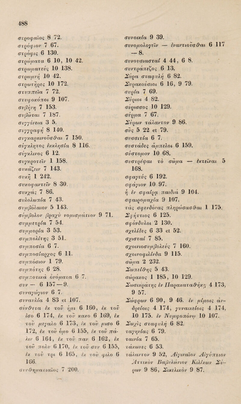 στροφαϊος 8 72. στρόφιον 7 67. στρόφις 6 130. στρο')ματα 6 10, 10 42. στρο)ματενς 10 138. στρο)μν7ΐ 10 42. στρωτήρες 10 172. στνπττεΧα 7 72. στνφοκόποί 9 107. συβήνη 7 153. σνβωται 7 187. συγγένεια 3 5. σνγγραψίί] 8 140. σνγκαρκινονσθ-αο 7 150. σίιγκλητος εκκλ-ησία 8 116. σνγκλινος 6 12. σνγκροτεΐν 1 158. ουκάζετν 7 143. σνκη 1 242. σνκοφαντεΐν 8 30. συκχάς 7 86. σνλολωηία 7 43. σνμβόλαιον 5 143. σνμβολον βραχύ νομισμάτιοτ 9 71. συμμετρία 7 54. συμμορία 3 53. συμπολίτης 3 51. συμπόσια 6 7. συμποσίαρχος 6 11. συμπόσιον 1 79. συμπότης 6 28. συμποτικά ονόματα 6 7. συν — 6 157 — 9. σνναγο^γιον 6 7. συναυλία 4 83 ϋΐ 107. σΰνϋ-ετα εκ τού ημι 6 160, εκ τον Ισο 6 174, Ικ τον κακό 6 169, έκ τον μεγάλο 6 173, ;κ τον μισό 6 172, τού όμο 6 155, ίκ τον 7ΐά~ λιν 6 164, ^κ τού παν 6 162, ίκ τού πολύ 6 170, ίκ τοΐι συν 6 155, ίκ τού τρι 6 165, ίκ του φίλο 6 166. συνίλημαπάίος 7 200. συνοικία 9 39. συνομολογεϊν — έναντιονσΟ-αι 6 117 — 8. σννονσιασταί 4 44, 6 8. συντράπεζος 6 13. Σνρα σταφινλη 6 82. Σνρακονσιοι 6 16, 9 79. σνρία 7 69. Σνριοι 4 82. σνρισσος 10 129. σύρμα 7 67. Σνρονν τάλαντον 9 86. σνς 5 22 εΐ 79. συσσίτια 6 7. συστάδες άμπελοι 6 159. σνστομον 10 68. συστρέφαι το σώμα — έκτεϊναι 5 168. σφαγεύς 6 192. σφάγιον 10 97. η ίν σφαίρα παιδιά 9 104. σφαιρομαχία 9 107. τάς σφπνδόνας πληρωσασ&αι 1 175. Ση^ιττιος 6 125. σφόνδυλοι 2 130. σχελίδες 6 33 οΙ 52. σχισταί 7 85. σχοινιοσυμβολενς 7 160. σχοινοφιλίνδα 9 115. σώμα 2 232. Σο)πείΟ'Ίΐς 5 43. σώρακος 1 185, 10 129. Σο)σικράτης εν ΠαρακαταΘ-ήκη 4 173, 9 57. Σώφροη' 6 90, 9 46. εν μίμοις άν- δρείοις 4 174, γνναικείοις 4 174, 10 175. ίν Νυμφ,οπόνο) 10 107. ΣωχΙς σταφυλή 6 82. ταγήνίας 6 79. ταινία 7 65. τάκωνες 6 53. τάλαντον 9 52, ^ίίγιναϊον Αιγύπτιον Χτ τικόν Βαβυλώνιον Κιλίκο}ν Σν- ρων 9 86, Σικελικόν 9 87.