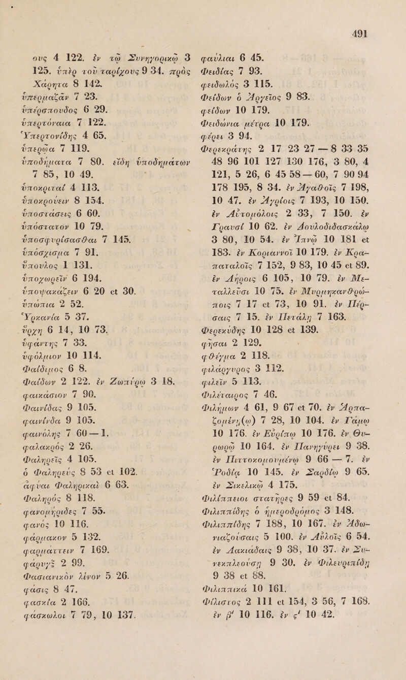 ονς 4 122. τω Σιη>'ίΐγύ()ΐ·αω 3 125. τον τα^ίχονς 9 34. 5Τζ>ός Χάοητα 8 142, νπίρμαζάν 7 23. νηί'ρστιονδος 6 29. υττερτόταια 7 122. Υτιβρτονίδης 4 65. ντίίρωα 7 119. υποδήματα 7 80. ηδη νποδημάτο)ΐ' 7 85, 10 49. υποκρίταί 4 113. υποκροίτιν 8 154. νττυστάσίΐς 6 60. ντιόστατον 10 79. νποσφνρίσασθαι 7 145. νπόσχισμα 7 91. ντίονλος 1 131. νποχο)ρέΙν 6 194. νηο-ριακαζΐΐν 6 20 βΐ 30. ν7ΐδ)7ηα 2 52. '^Ι'ρκανία 5 37. νρχη 6 14, 10 73. υφαντής 7 33. υφ)όλμιον 10 114. Φαίδιμος 6 8. Φαΐδοη’ 2 122. Ιν Ζο)7τΰοο) 3 18. νραίκάσίον 7 90, Φαινίδας 9 105. οραινίνδα 9 105. (ραυ'ό/.ης 7 60 — 1. φαλακρός 2 26. ΦαληρίΙς 4 105. 6 Φαληρεύς 8 53 οΐ 102. οκρυαί Φαλι^ρικαι 6 63. Φάληρός 8 118. φανομηριδες 7 55. φανός 10 116. (ράρμακον 5 132. φ;αρματτίΐν 7 169. φάρυγς 2 99. Φασιανικόν λινόν 5 26. φάσις 8 47. φ.ασκία 2 166. φάσκοίλοι 7 79, 10 137. φ,αυλιαι 6 45. Φειδίας 7 93. φ.ειδούός 3 115. Φ>είδο)ν 6 }1ργε~ΐος 9 83. φείδθ)ν 10 179. Φειδώνια μέτρα 10 179. φ)ερει 3 94. Φερεκράτης 2 17 23 27 — 8 33 35 48 96 101 127 130 176, 3 80, 4 121, 5 26, 6 45 58 — 60, 7 90 94 178 195, 8 34. ίν ^4γαΟ·οϊς 7 198, 10 47. Ιν }ίγρίοις 7 193, 10 150. ίν Λοτομόλοις 2 33, 7 150. Ιν Γραυσί 10 62. Ιν Αουλοδιδασκαλο) 3 80, 10 54. ίν ΤΤτΓΐ'ω 10 181 βΕ 183. Ιν Κοριαί'νοϊ 10 179. εν Κρα- τταταλοϊς 7 152, 9 83, 10 45 βΐ 89. Ιν Χήροις 6 105, 10 79. Με- ταλλεΰσι 10 75. ίν Μυρμηκανβ-ρο)- τιοις 7 17 οι 73, 10 91. Ιν Πε'ρ- σαις 7 15. ίν ΙΊετάλη 7 163. Φερεκνδ·ης 10 128 οΐ 139. φ)'ίΙ<ται 2 129. φβε'γμα 2 118, φιλάργυρης 3 112. (ριλεΊ,ν 5 113. Φιλέταιρος 7 46. Φιλήμον 4 61, 9 67 οΐ 70. ίν ^ρπα- 'ζομε,νη(ο)) 7 28, 10 104. Ιν Γάμο) 10 176. ίν Εύρίπο) 10 176. ίν θυ- ρο)ρω 10 164, εν Πανηγΰρει 9 38. ίν Πιττοκομουμε'νο) 9 66 — 7. 4ν ^Ρυδία 10 145. ϊν Σαρδίο) 9 65. ίν Σικελικό) 4 175. Φιλίππειοι στατήρες 9 59 €ΐ 84. Φιλιππίδης ό ημεροδρόμος 3 148. Φιλιππίδης 7 188, 10 167. εν /ίδο)- ηαζονσαις 5 100. ίν Αόλοϊς 6 54. ίν Αακιαδαις 9 38, 10 3/. ίν Σν- νεκπλεοΰση 9 30. ίν Φιλενριπίδη 9 38 οΐ 88. Φιλιππικά 10 161. Φίλισιος 2 111 οι 154, 3 56, 7 168. ^ν β' 10 116. ίν ς' 10 42.