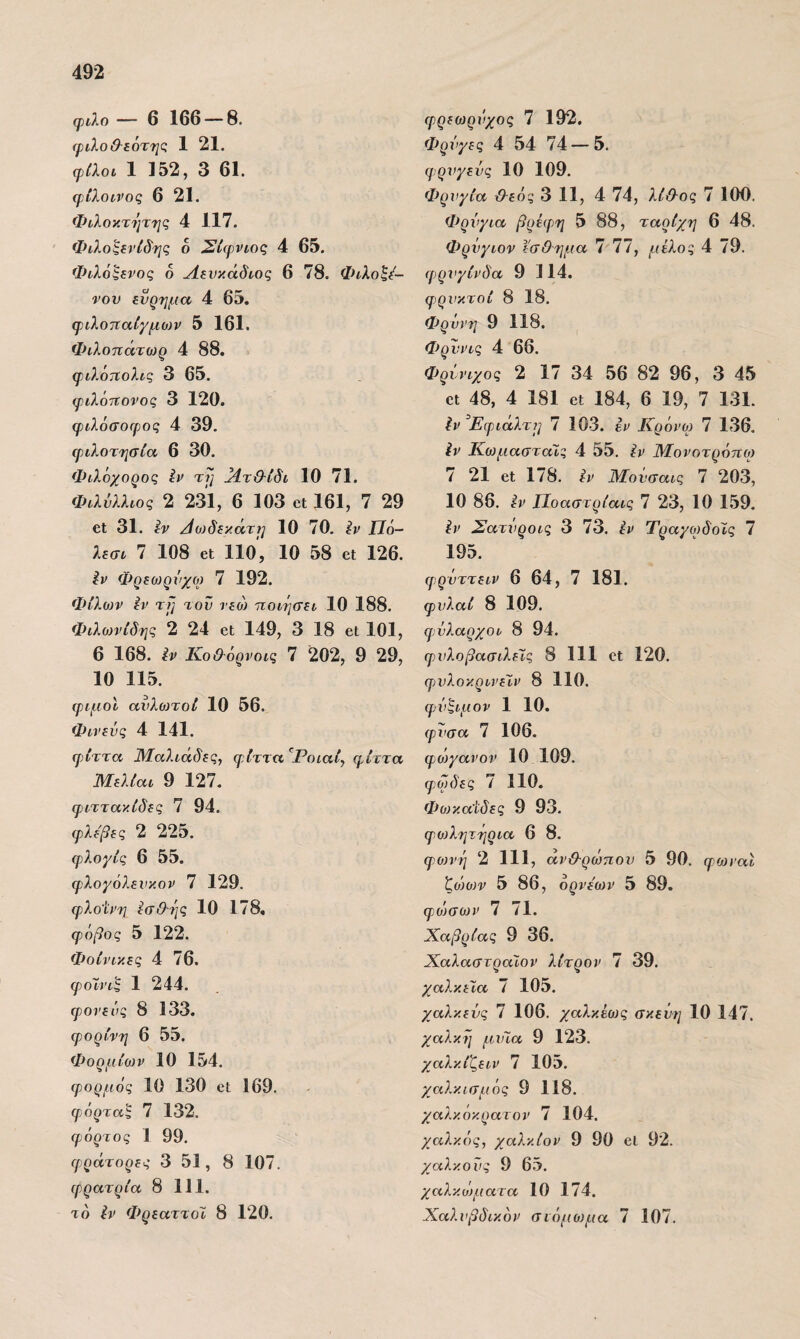 ψιλό — 6 166 — 8. ψιλοθ-εότης 1 21. φίλοι 1 152, 3 61. ψιίλοινος 6 21. Φιλοκτήτης 4 117. ' Φιλο^ινίδης 6 Σίψνιος 4 65. Φιλόξενος ο Αΐνκάδιος 6 78. Φίλοξ/- νον εύρημα 4 65. ψιλθ7ΐαίγμο)ν 5 161. Φιλοπάτωρ 4 88. ψιλότΐολις 3 65. ψιλότΐονος 3 120. φιλόσοφος 4 39. φιλοτησία 6 30. Φιλόχορος Ιν τη ΑτΘ-ίδι 10 71. Φιλνλλιος 2 231, 6 103 οι 161, 7 29 βΐ 31. εν Αο}δεκάτη 10 70. Ιν Πό- λεσι 7 108 6ΐ Ιίο', 10 58 οι 126. Φρεοιρνχο) 7 192. Φίλοιν ίν τη τον νεώ ποιήσει 10 188. Φίλωνίδης 2 24 οΐ 149, 3 18 βΐ 101, 6 168. Ιν Κο&όρνοις 7 202, 9 29, 10 115. φιμοι ανλοίτοί 10 56. Φινεύς 4 141. φπττα ΊΜαλιαδες, φίττα^Ροιαί, φίττα Μελίαι 9 127. φιττακίδες 7 94. φλεβες 2 225. φλογίς 6 55. φλογόλενκον 7 129. φλοΊνη εσΟ-ης 10 178. φόβος 5 122. Φοίνικες 4 76. φοϊνι^ 1 244. φονείις 8 133. φορίνη 6 55. Φορμίο)ν 10 154. φορμός 10 130 οι 169. ψίόρταζ 7 132. ψ) άρτος 1 99. φράτορες 3 51, 8 107. φρατρία 8 111. τό ίν ΦρεαττοΙ 8 120. φρεωρνχος 7 192. Φρόγες 4 54 74 — 5. φρνγενς 10 109. Φρνγία {λεάς 3 11, 4 74, λί&ος 7 100. Φρχιγια βρίφη 5 88, ταρίχη 6 48. Φρνγιον εσΟημα 7 77, μέλος 4 79. ερρνγίνδα 9 114. φρυκτοί 8 18. Φρννη 9 118. Φρννις 4 66. Φρύνιχος 2 17 34 56 82 96, 3 45 οι 48, 4 181 61 184, 6 19, 7 131. Ιν ^Εφιάλτη 7 103. εν Κρόνο) 7 136. ίν ΚωμασταΙς 4 55. ίν Μονοτράπο) 7 21 6ί 178. ίν Μοόσαις 7 20^ 10 86. εν Ποαστρίαις 7 23, 10 159. ίν Σατνροις 3 73. ίν Τραγο)δοΐς 7 195. φρόττειν 6 64, 7 181. φνλαί 8 109. φ,'ύλαρχοι 8 94. φυλό βασιλείς 8 111 61 120. φυλοκρινεϊν 8 110. φΑί^ιμον 1 10. φυσά 7 106. φώγανον 10 109. φιωδες 7 110. Φο)κα'ιδες 9 93. φο)λητηρια 6 8. φϋ)νη 2 111, άνΘ-ρώπου 5 90. φωναι ζδ)θ}ν 5 86, όρνε'ων 5 89. φ)θ)σων 7 71. Χαβρίας 9 36. ΧαλαστραΧον λίτρον 7 39. χαλκεία 7 105. χαλκεύς 7 106. χαλκέως σκεύη 10 147. χαλκη μυϊα 9 123. χαλκίζειν 7 105. χαλκισμός 9 118. χαλκόκρατον 7 104. χαλκός, χαλκίον 9 90 βΐ 92. χαλκούς 9 65. χαλκό)ματα 10 174. Χαλυβδικόν σιόμοιμα 7 107.