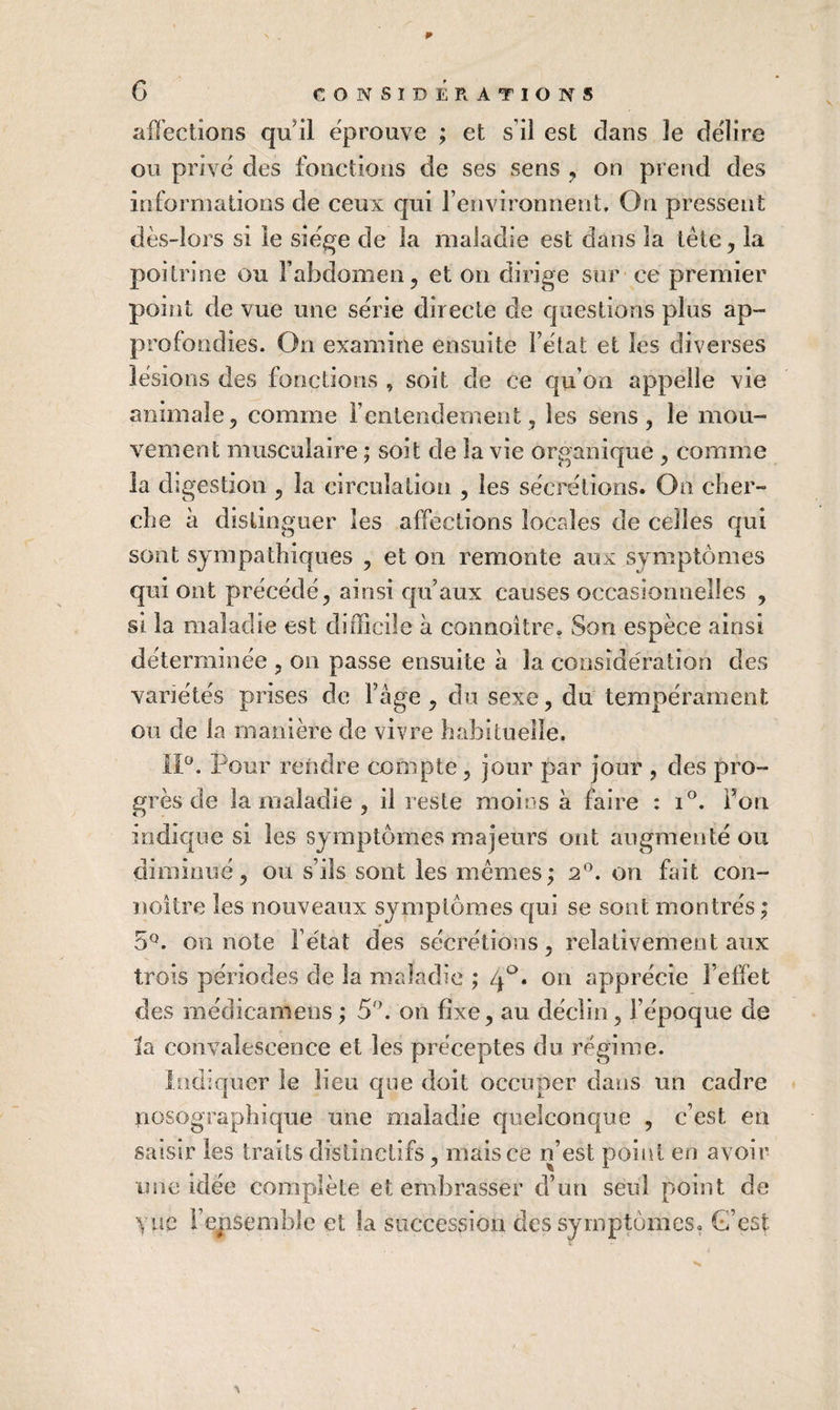 1» G CONSIDERATIONS affections qu’il e'prouve ; et s’il est dans le déliré ou prive des fonctions de ses sens ,, on prend des informations de ceux qui l’environnent. On pressent dès-lors si le siégé de la maladie est dans la tête, la poitrine ou Fabdomen^ et on dirige sur - ce premier point de vue une série directe de questions plus ap¬ profondies. On examine ensuite l’état et les diverses lésions des fonctions , soit de ce qu’on appelle vie animale5 comme l’entendement, les sens, le mou¬ vement musculaire ; soit de la vie organique , comme la digestion , la circulation , les sécrétions. On cher¬ che lî distinguer les affections locales de celles qui sont sympathiques , et on remonte aux symptômes qui ont précédé, ainsi epi’aux causes occasionnelles , si la maladie est difficile à connoître. Son espèce ainsi déterminée , on passe ensuite à la considération des variétés prises de Fâge, du sexe, du tempérament ou de la manière de vivre habituelle. IP. Pour rendre compte, jour par jour , des pro¬ grès de la maladie , il reste moins a faire : i°. Fon indique si les symptômes majeurs ont augmenté ou diminué, ou s’ils sont les mêmes; 2®. on fait con- noitre les nouveaux symptômes qui se sont montrés ; 5^. on note l’état des sécrétions, relativement aux trois périodes de la maladie ; on apprécie l’effet des raédicamens ; 5'\ on fixe, au déclin, l’époque de ta convalescence et les préceptes du régime. Indiquer le lieu que doit occuper dans un cadre nosographique une maladie quelconque , c’est en saisir les traits distinctifs, mais ce n’est point en avoir une idée complète et embrasser d’nn seul point de \üc Fepsemble et la succession des symptômes. G’est