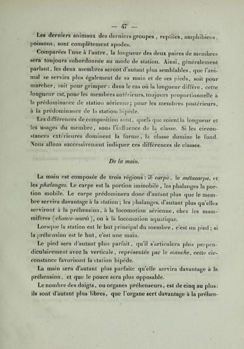 Le» derniers animaux des derniers groupes , reptiles, ampliibieiis, poissons, sont complètement apodes. Comparées 1 une à l’autre, la longueur des deux paires de membres sera toujours subordonnée au mode de station. Ainsi, généralement parlant, les deux membres seront d’autant plus semblables, que l’ani¬ mal se servira plus également de sa main et de ses pieds, soit pour mareher, .«îoif pour grimper : dans le cas où la longueur diffère, cette longueur est, pour les membres antérieurs, toujours proportionnelle à la prédominance de statio/i aérienne; pour les membres postérieurs, à la prédominance de la station; bipède. Lcsdifférences décomposition sont, quels que soienlla longueur et les usages du membre, sous l’influence de lu classe. Si les ciicon- stanccs extéiieures dominent la forme, la classe domine le fond. -Nous allons successivement Indiquer ces différences de classes. De la main. La main est composée de trois régions: îê carpe, le métacarpe, et les phalanges. Le carpe est la portion immobile, les phalanges la por¬ tion mobile. Le carpe prédominera donc d’autant plus que le mem¬ bre servira davantage à la station ; les phalanges, d’autant plus qu’elles serviront à la préhension, à la locomotion aérienne, chez les mam¬ mifères (chauve-souris), ou à la locon)Otion aquatique. Lorsque la station est le but [irincipal du membre, c’est un pied ; si la préhension est le but, c’est une main. Le pied sera d’autant plus parfait, qu’il s’articulera plus pe.pen- diculairement avec la verticale, représentée par le manche, cette cir¬ constance favorisant la station bipède. La main sera d’autant plus parfaite qu’elle servira davantage à la préhension , et que le pouce sera plus opposable. Le nombre des doigts, ou organes préhenseurs, est de cinq au plus: ils sont d’autant plus libres, que l’organe sert davantage à la préhen-