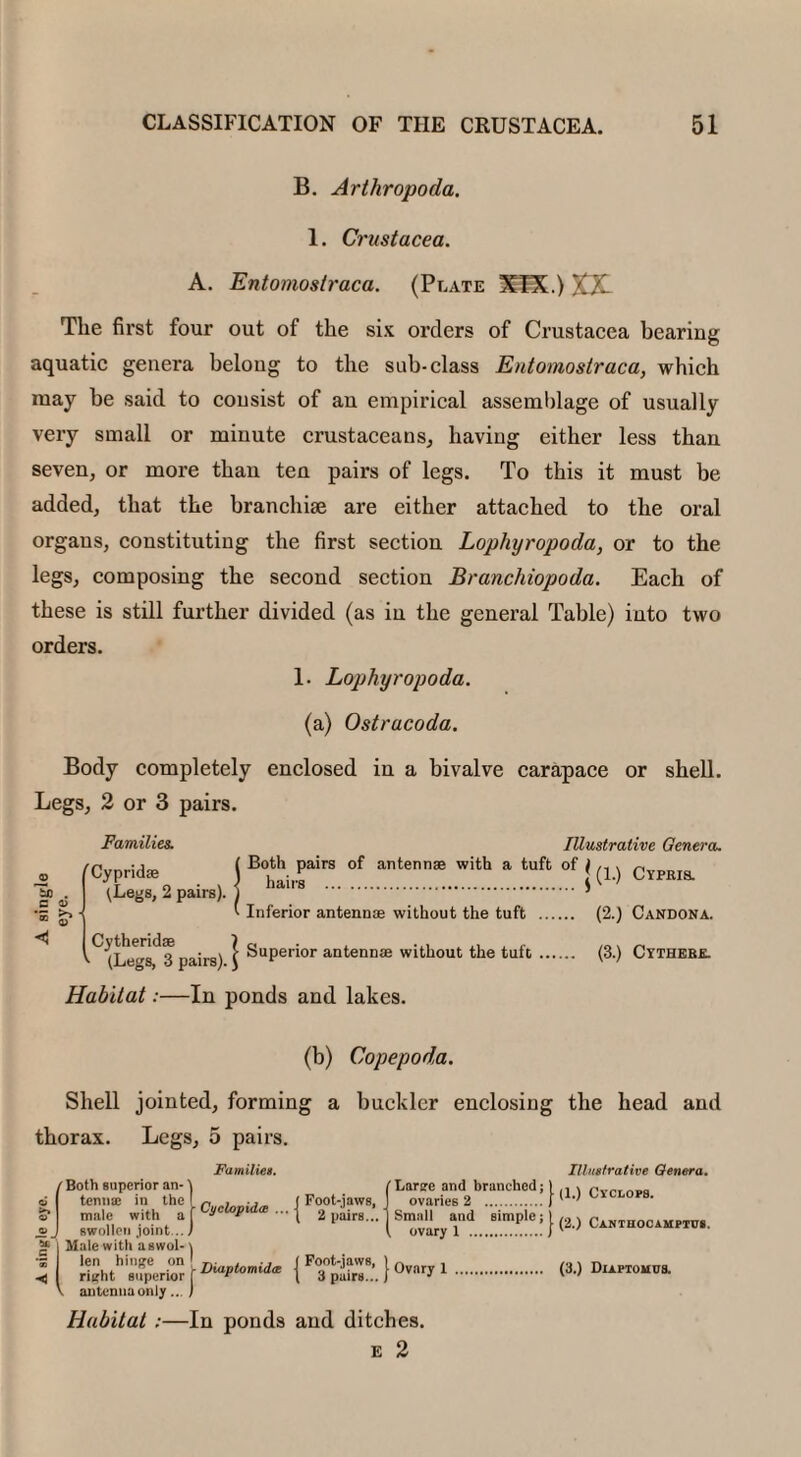 B. Arthropoda. 1. Crustacea. A. Entomostraca. (Plate XEX) XX The first four out of the six orders of Crustacea bearing aquatic genera belong to the sub-class Entomostraca, which may he said to consist of an empirical assemblage of usually very small or minute crustaceans, having either less than seven, or more than ten pairs of legs. To this it must be added, that the branchiae are either attached to the oral organs, constituting the first section Lophyropoda, or to the legs, composing the second section Branchiopoda. Each of these is still further divided (as in the general Table) into two orders. 1. Lophyropoda. (a) Ostracoda. Body completely enclosed in a bivalve carapace or shell. Legs, 2 or 3 pairs. SO . c cd •5 3? Families. 'Cypridae ^Legs, 2 pairs). Illustrative Genera. ( Both pairs of antennas with a tuft of ln j hairs . jW CY]PRIS- Inferior antennae without the tuft . (2.) Candona. ^ ^Legs,^* pairs) } Superior antennae without the tuft. (3.) Cythebe. Habitat:—In ponds and lakes. (b) Copepoda. Shell jointed, forming a buckler enclosing the head and thorax. Legs, 5 pairs. Families. Illustrative Oenera. <***«•-ITSfc j Male with a swot- \ ; «*»«• . (3.) Dl.rtoi.us. V antenna only .. J Habitat :—In ponds and ditches. e 2 fL orvaCriesd2brUnChCdi } <»•> CyOLOI>8- lSmovaryTd...eimPlei}(2^ Cant hoc amptus. 'Both superior an-) si tenna: in the I £* male with a f Sj swollen joint... J